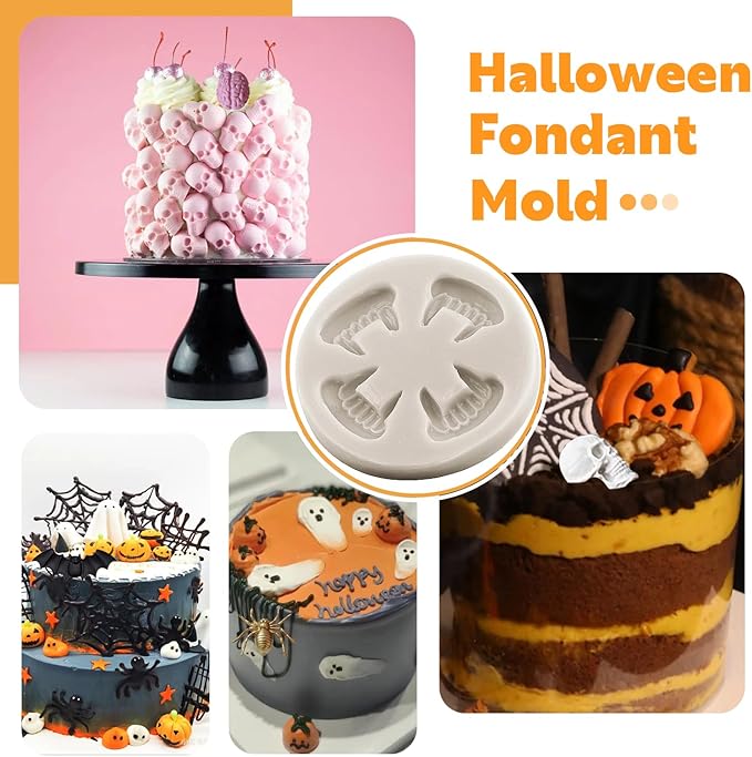 Halloween Silicone Mold Halloween Skull Fondant Molds Spider Bat Vampire Teeth Brain Finger Skeleton Head Molds For Cake Decorating Cupcake Topper Gum Paste Polymer Clay Set Of 6