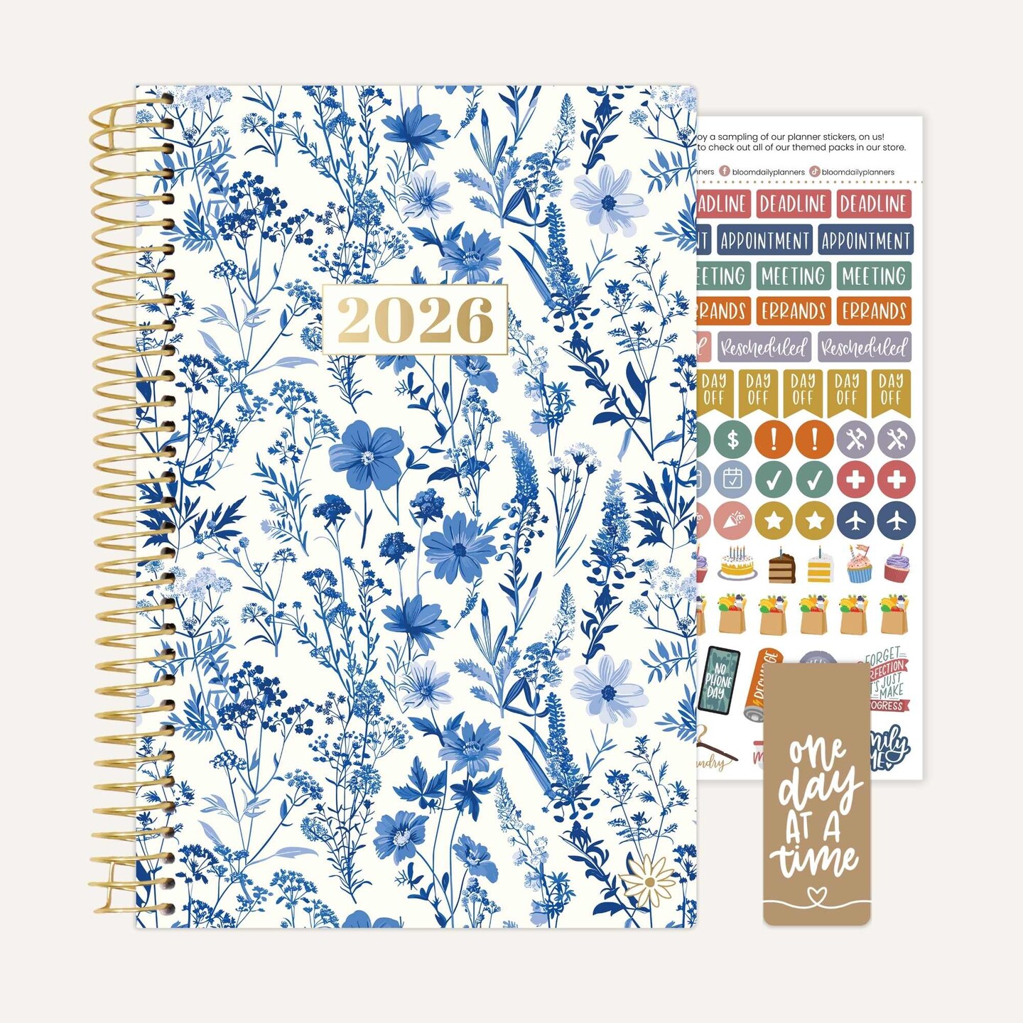 bloom daily planners 2026 Soft Cover Weekly &#x26; Monthly Planner, 5.5&#x22; x 8.25&#x22;, Blue &#x26; White Floral