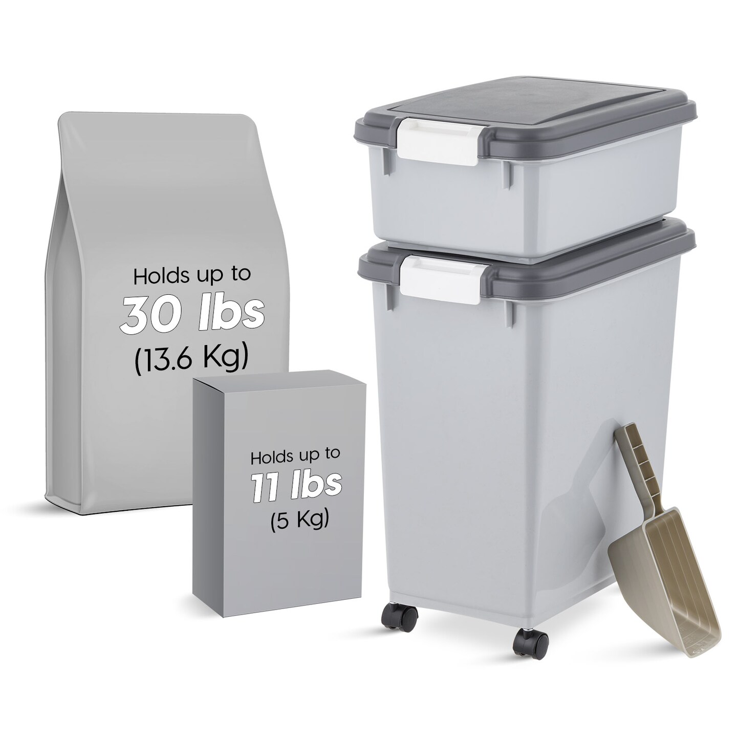 IRIS USA 30lbs+11lbs Airtight Pet Food Storage Container Combo with Scoop and Casters, up to 41lbs