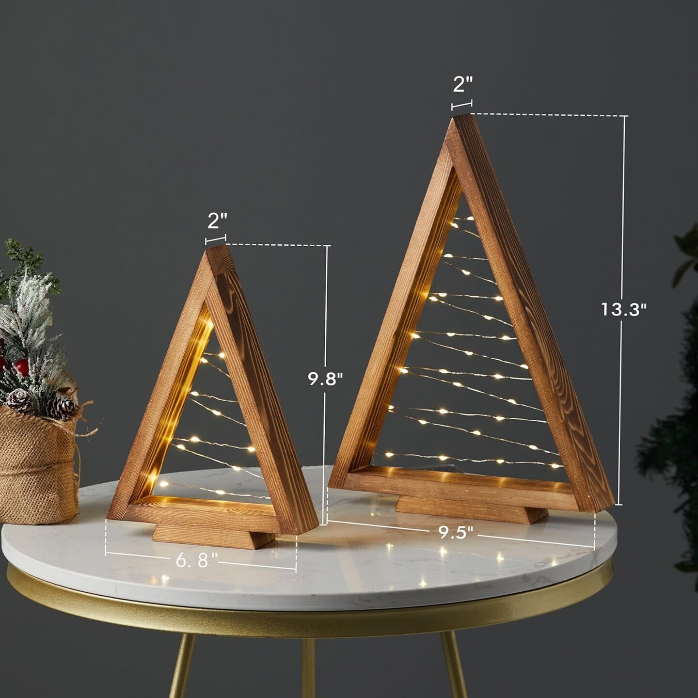 Wood Christmas Tree with Lights, Modern Farmhouse Lighted Tabletop Christmas Tree for Home Table Fireplace Mantle Shelf Decor, Christmas Holiday Decorations Set of 2 (Large 13.3&#x22; &#x26; Small 9.8&#x22;)