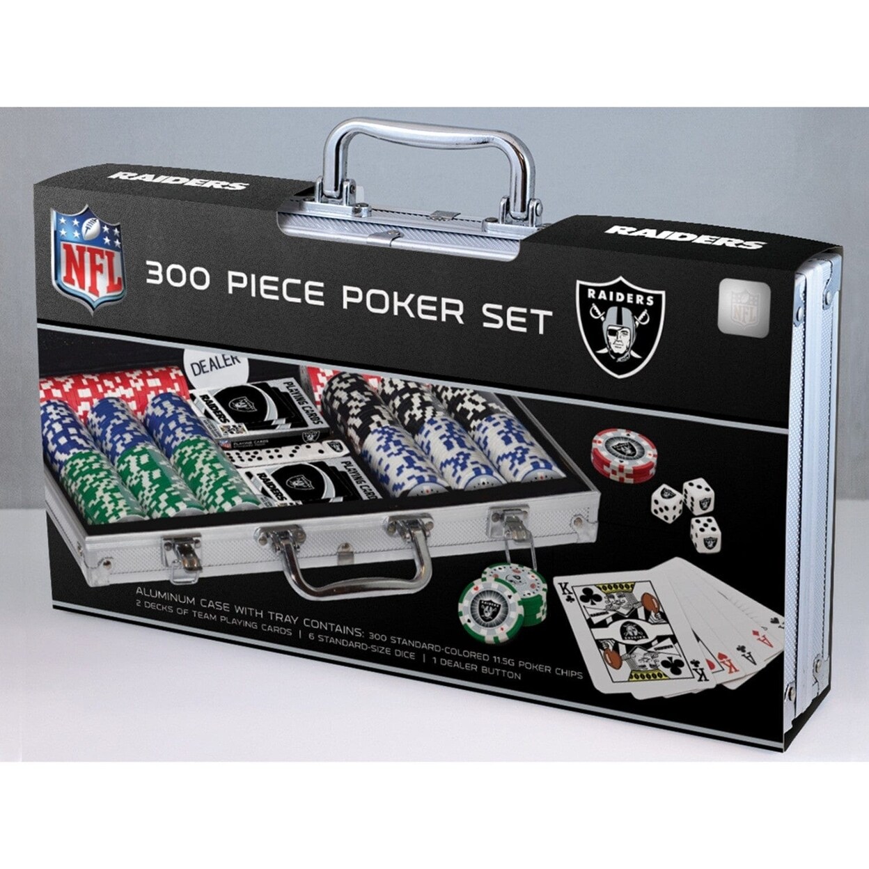 Las Vegas Raiders 300 Piece Poker Set With Chips Cards And Dice In Aluminum Case