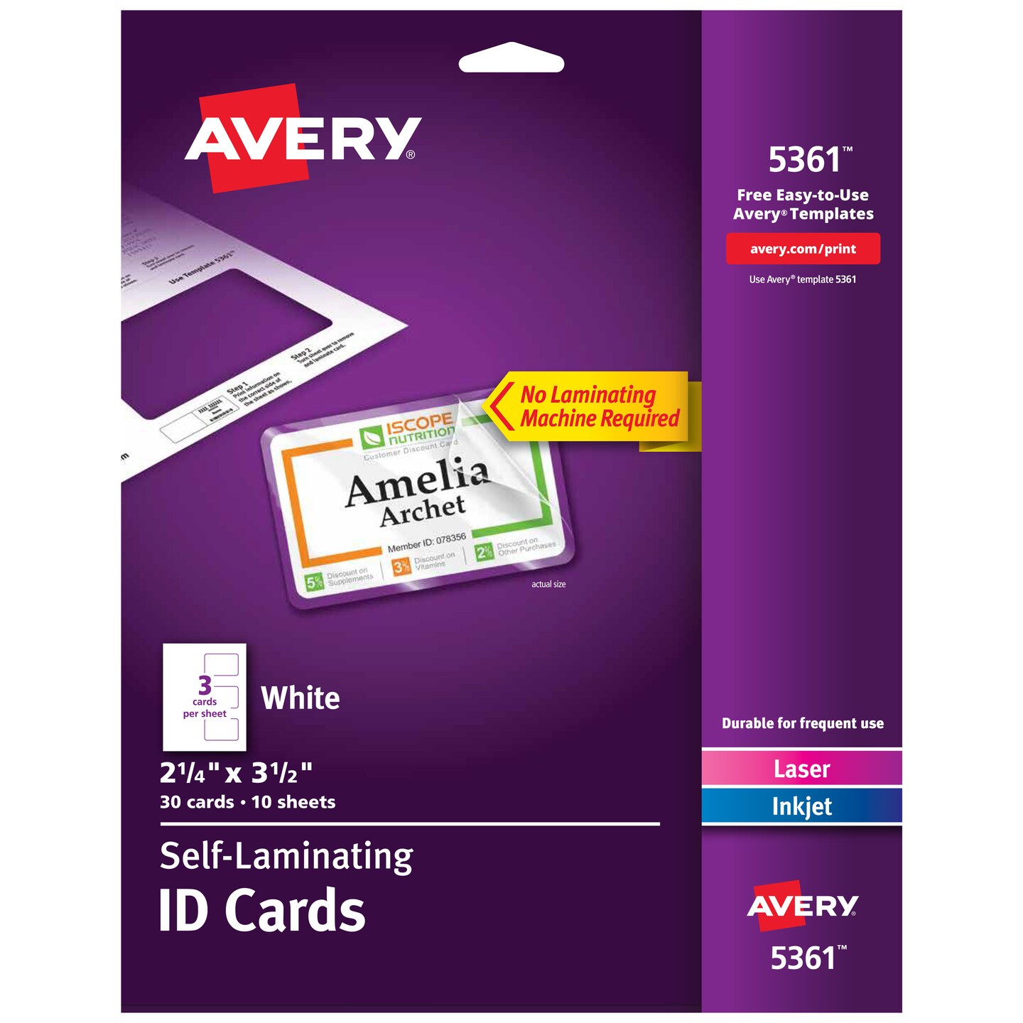 Avery Customizable Self-Laminating ID Cards, 2.25" x 3.5", White Printable Inserts, 30 Laminated ID Cards (5361)