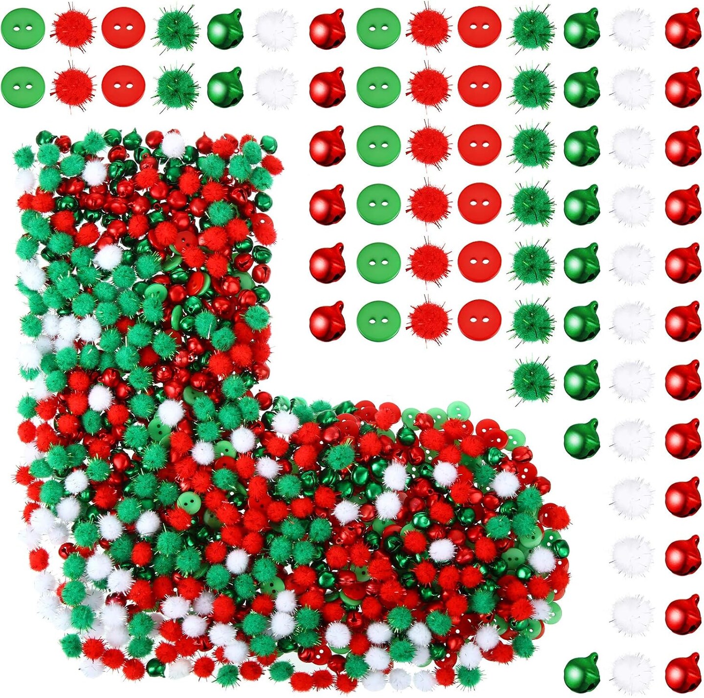 1200 Pieces Christmas Craft Embellishments Set, Christmas Resin Buttons, Christmas Small Bells and Christmas Pom Pom Ornaments for Xmas DIY Craft Sewing Decoration Accessories