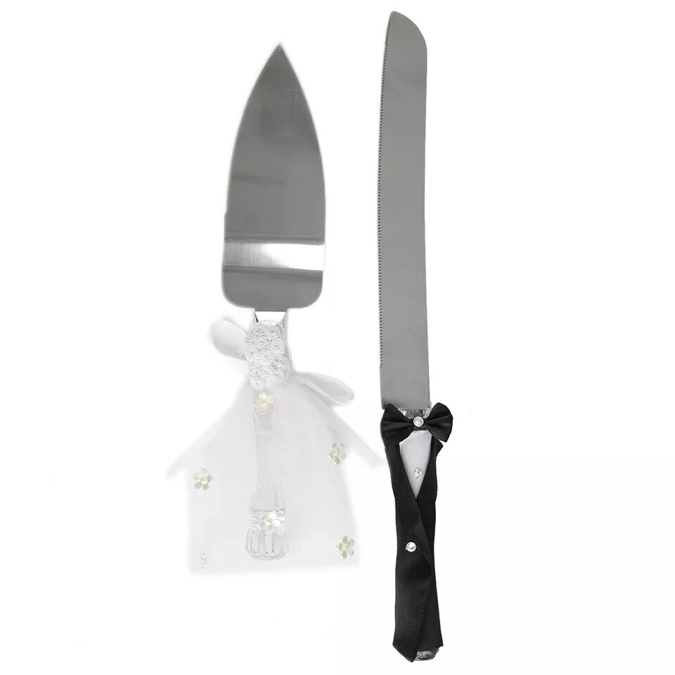 Wedding Silver Stainless Steel Knife and Server Bride Groom Cake Serving Set