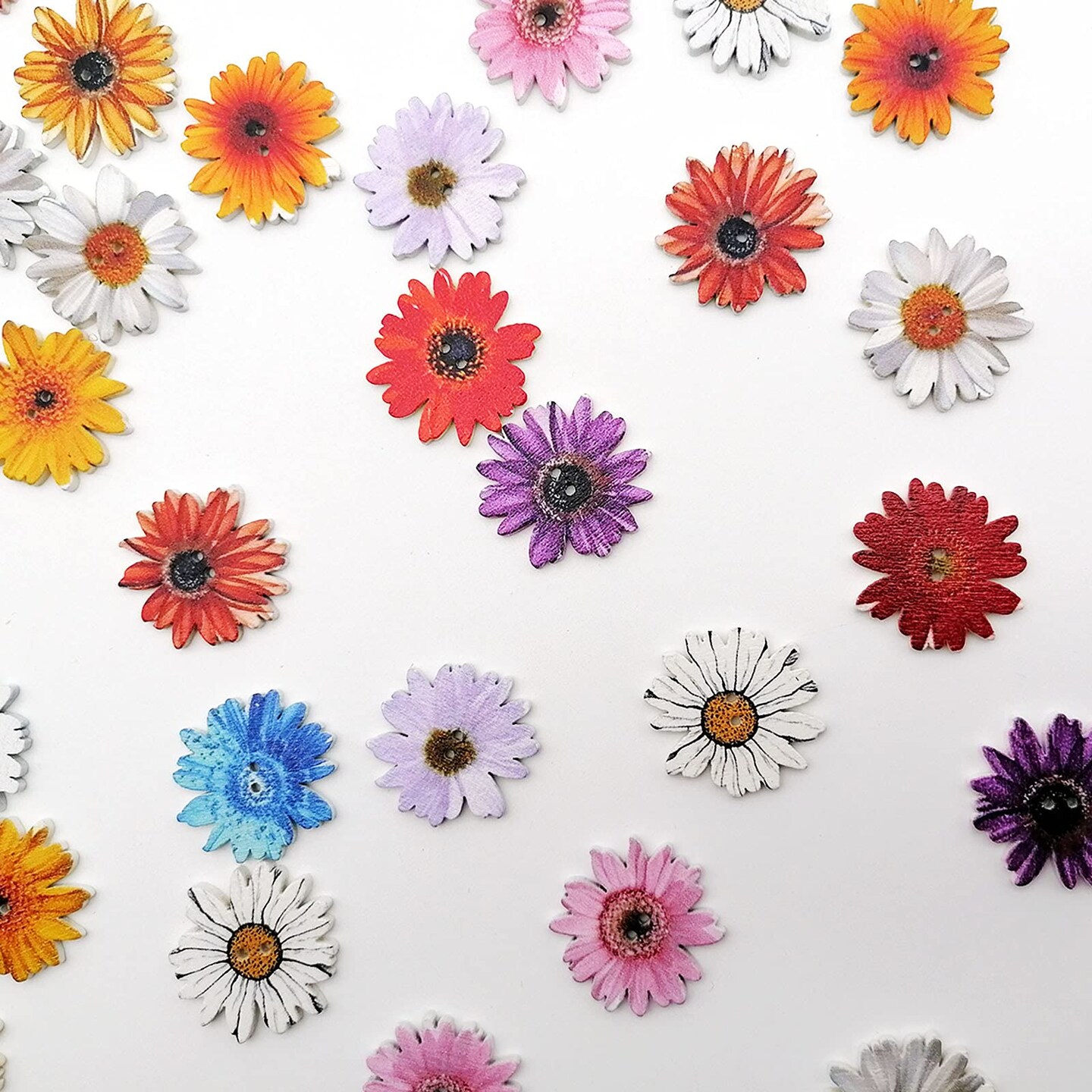 Alfykym 100Pcs Wood Daisy Buttons Painted Wooden Flower Buttons for Crafts Sunflower Wood Buttons 2 Holes Flatback Flower shaped Buttons