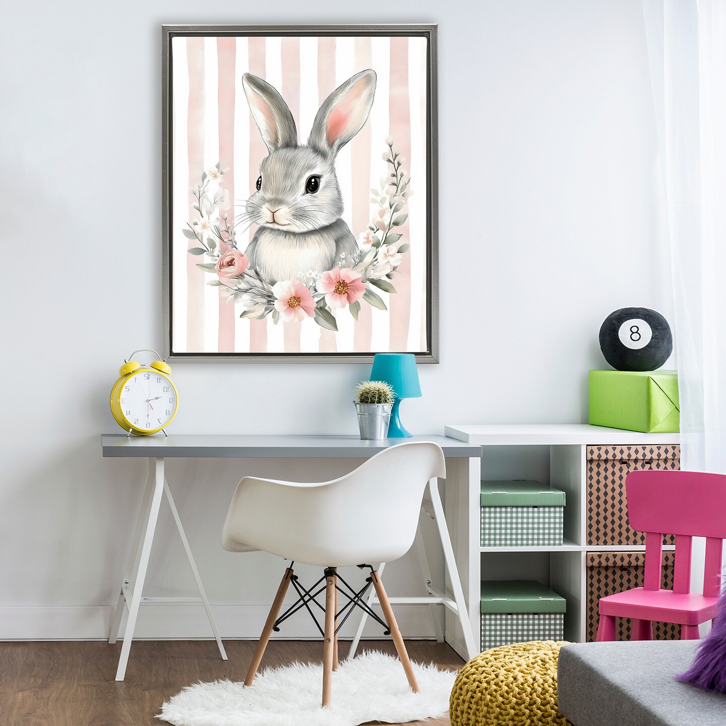 Stupell Industries Pink Striped Nursery Bunny Black Framed Floater Canvas Wall Art, design by Arlington Prints