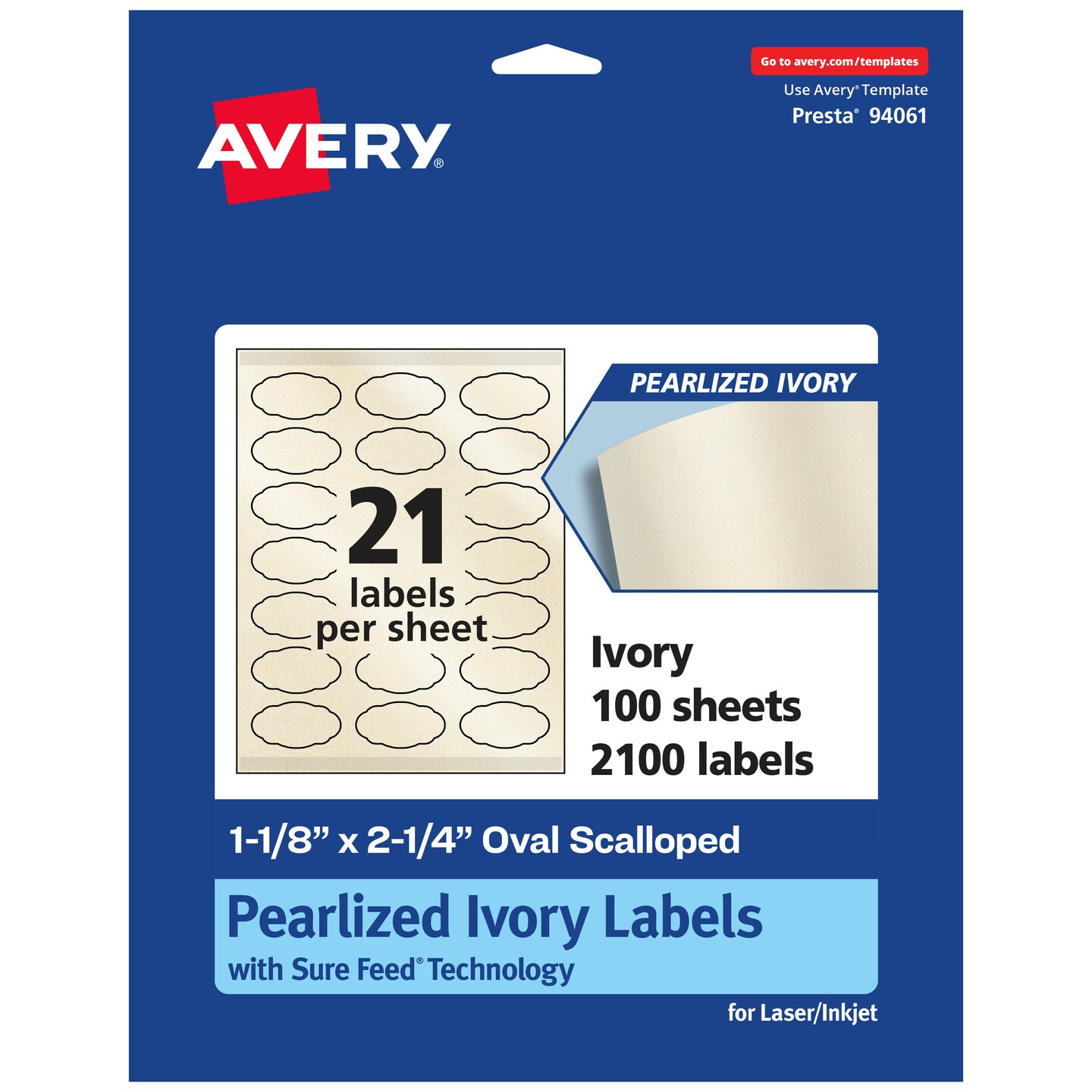 Avery Pearlized Ivory Oval Scalloped Labels with Sure Feed Technology, Print-to-the-Edge, 1-1/8" x 2-1/4"