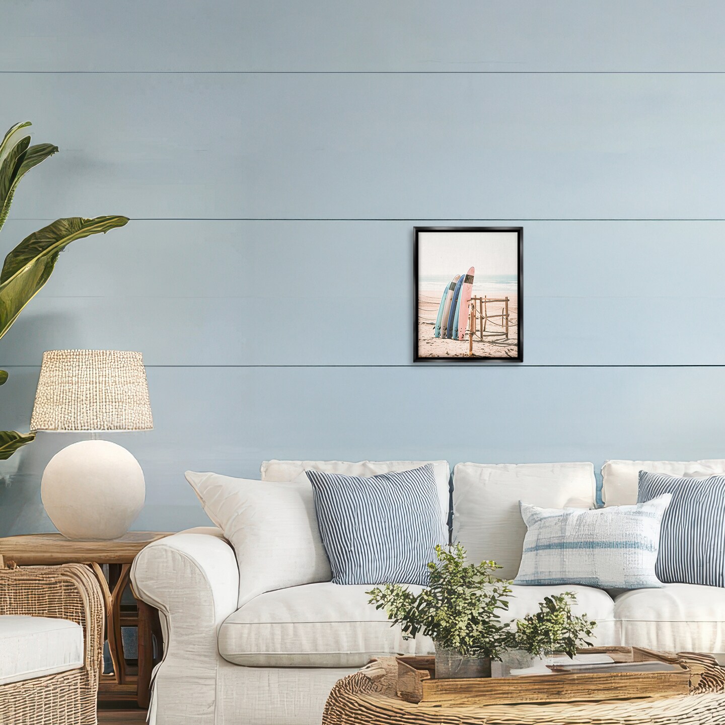 Stupell Industries Retro Beach Surfboards Leaning Black Framed Floater Canvas Wall Art, design by Sisi and Seb