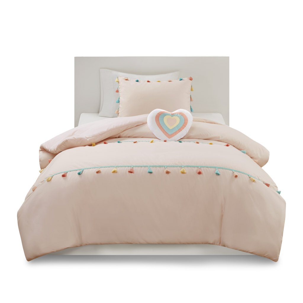 Gracie Mills Xylon Solid Tassel Comforter Set With Heart-Shaped Throw Pillow - Grace-11782