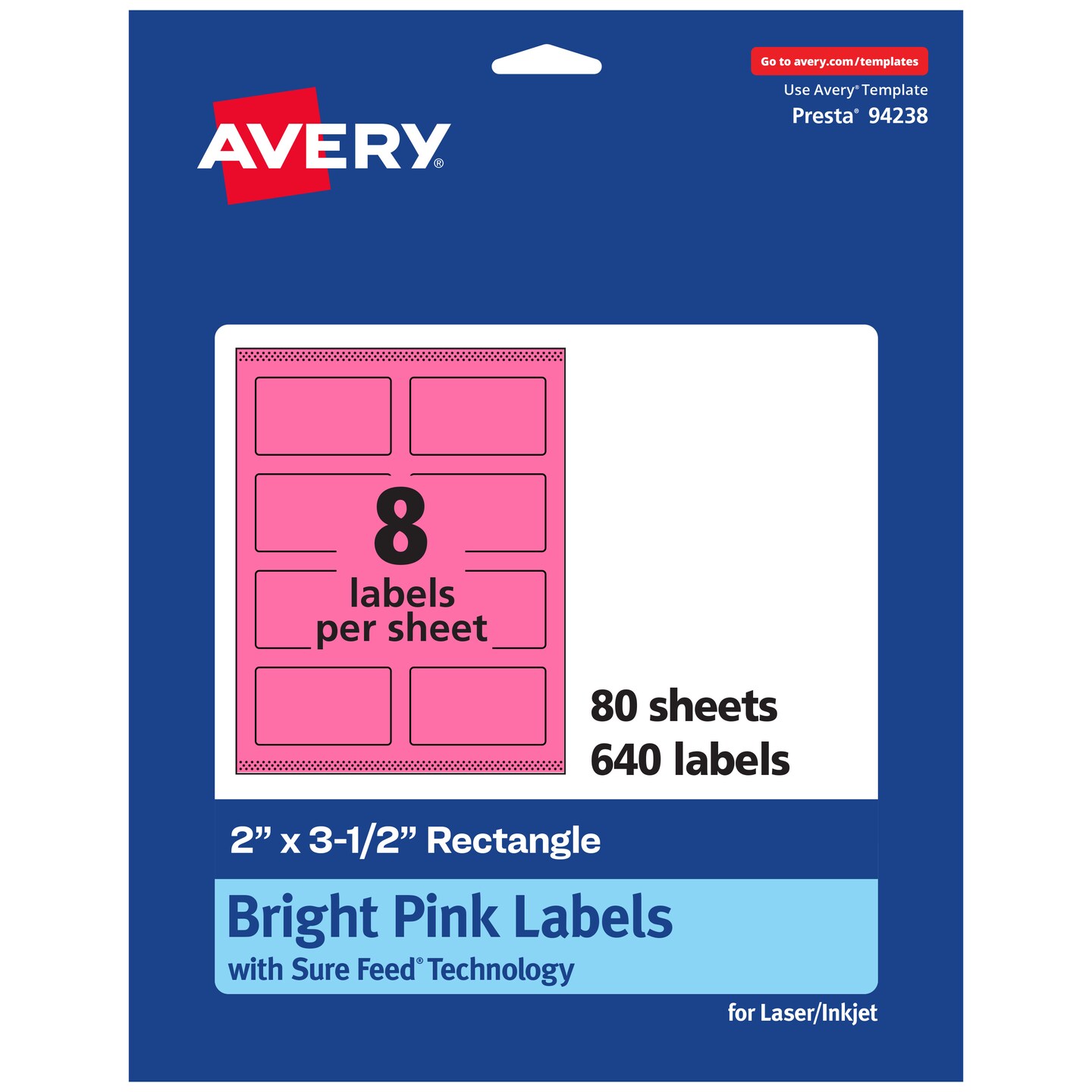 Avery Bright Pink Paper Labels, 2&#x22; x 3.5&#x22; Rectangle