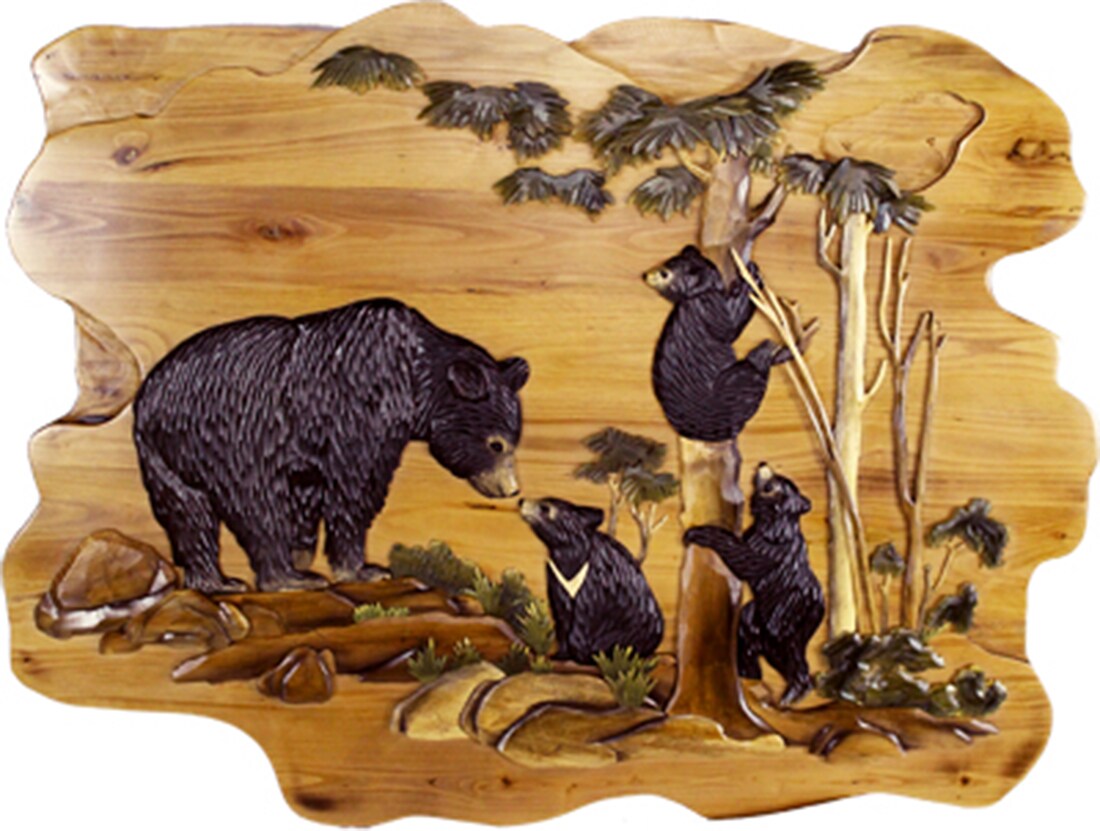 Bear Cubs in Forest Hand Crafted Intarsia Wood Art Wall Hanging 30 X 38 X 2.5