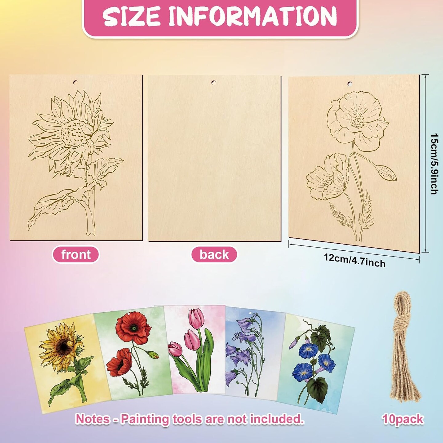 10 Pieces Large Flowers Unfinished Wood Crafts to Paint for Adults and Kids, Bulk Predrilled Wooden Ornaments for Painting, Tulips Flower Paintable Wood Slices Craft Supplies with Ropes
