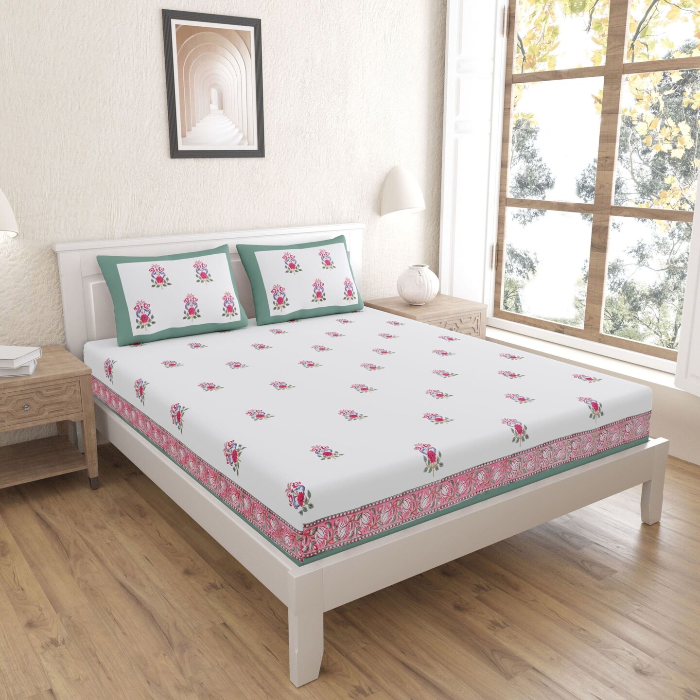 Cotton Floral Print Indian Ethnic Bedsheets 150 Thread Count 3 Pcs Fitted Sheet Set 100%  Premium Soft &#x26; Breathable Bedding Set Home Decor Sheets (king, Queen)