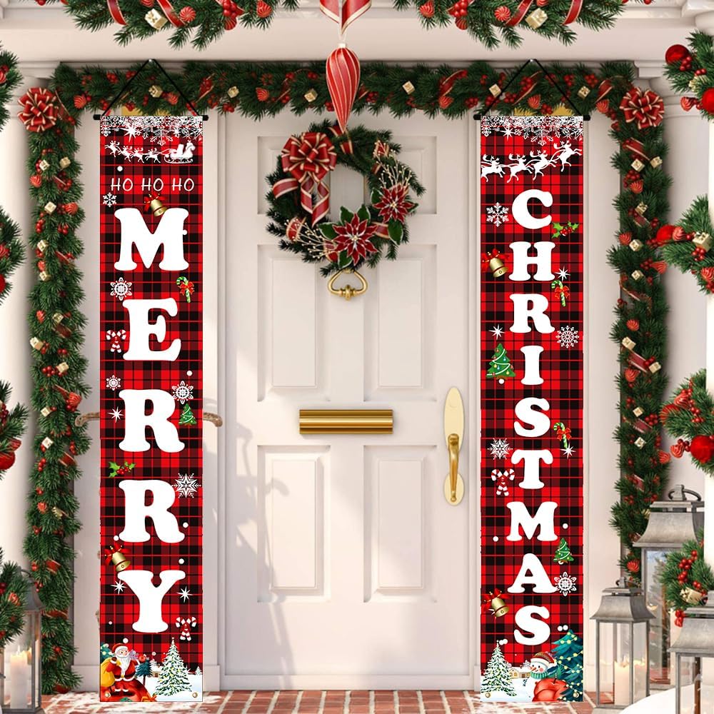 Christmas Decorations Red Black Buffalo Plaid Sign Set for Festival Merry Christmas Door Banner | Outdoor Yard &#x26; Front Porch | Indoor &#x26; Outdoor Xmas Decor for Home, Wall, Front Door, Yard, and Garage
