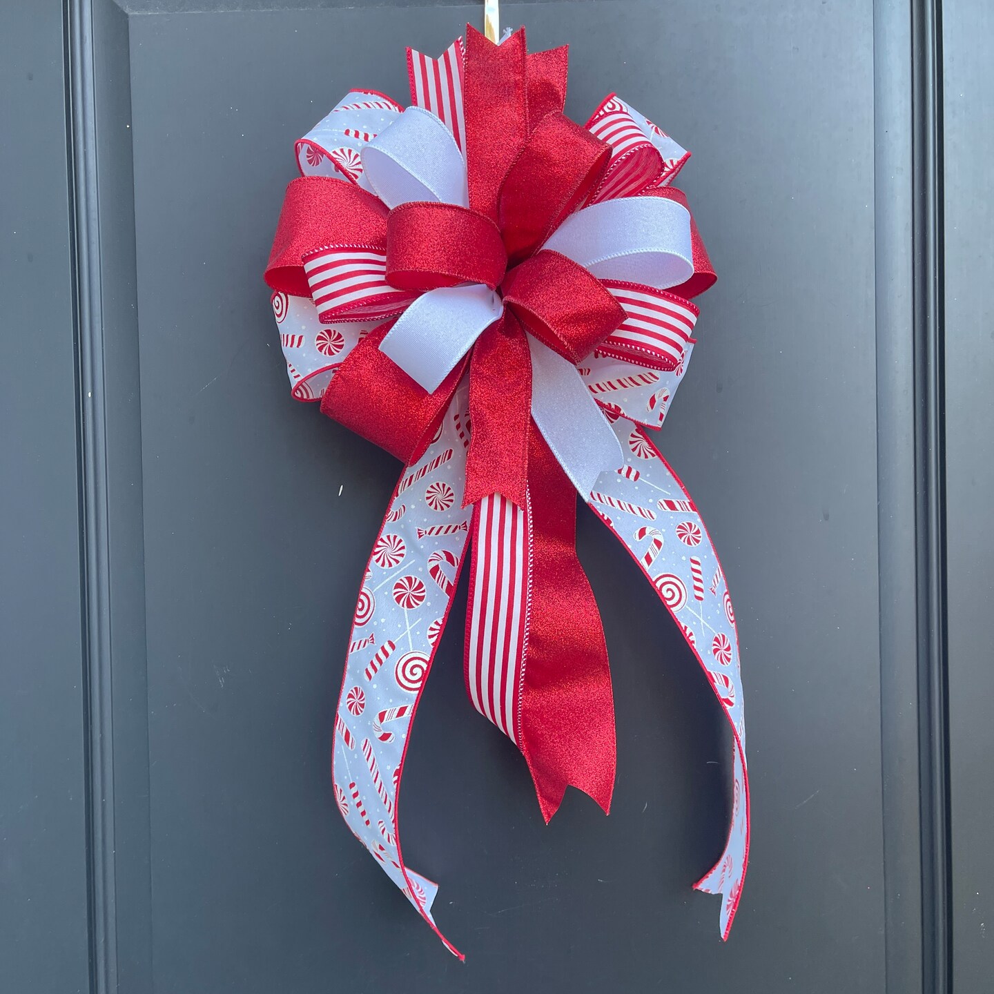 最終値下 SORIN Ribbon Eyelet Top/リボンアイレットトップ Red and White Peppermint Bow for Wreath, Lantern, Mailbox, Door or