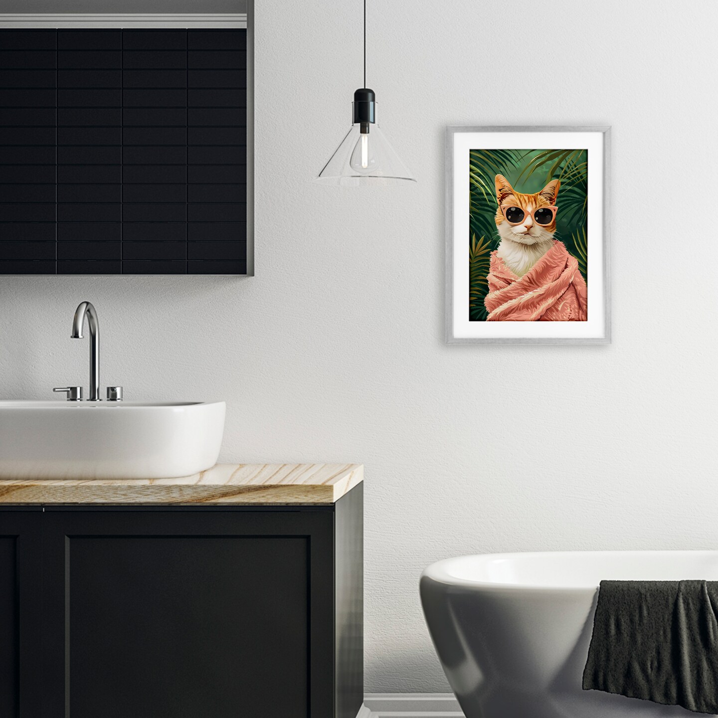 Stupell Industries Cozy Cat and Tropical Plants Framed Print Under Glass, design by LSR Design Studio