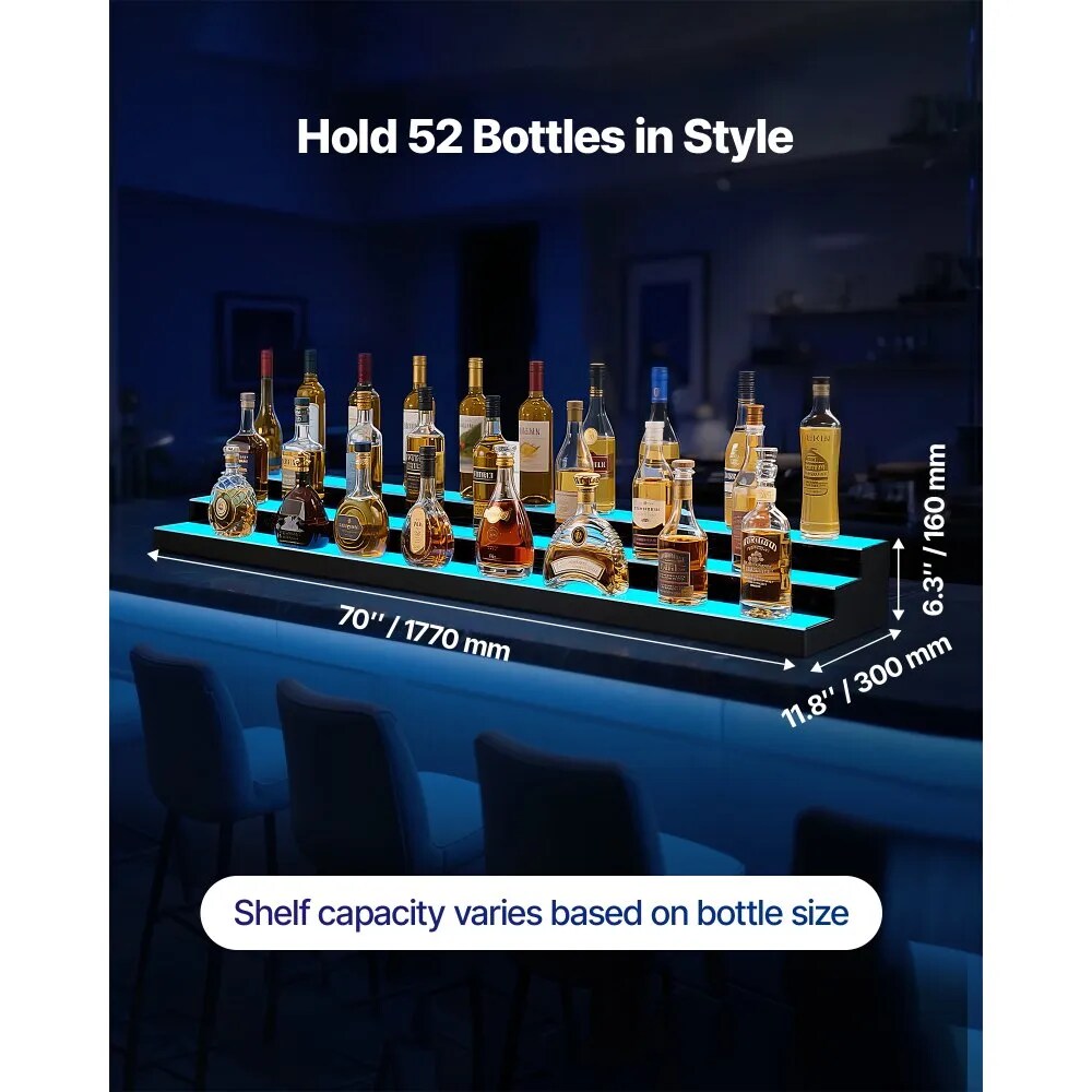 3-Tier LED Liquor Bottle Display Illuminated Acrylic Shelf RF Remote App 7 Colors