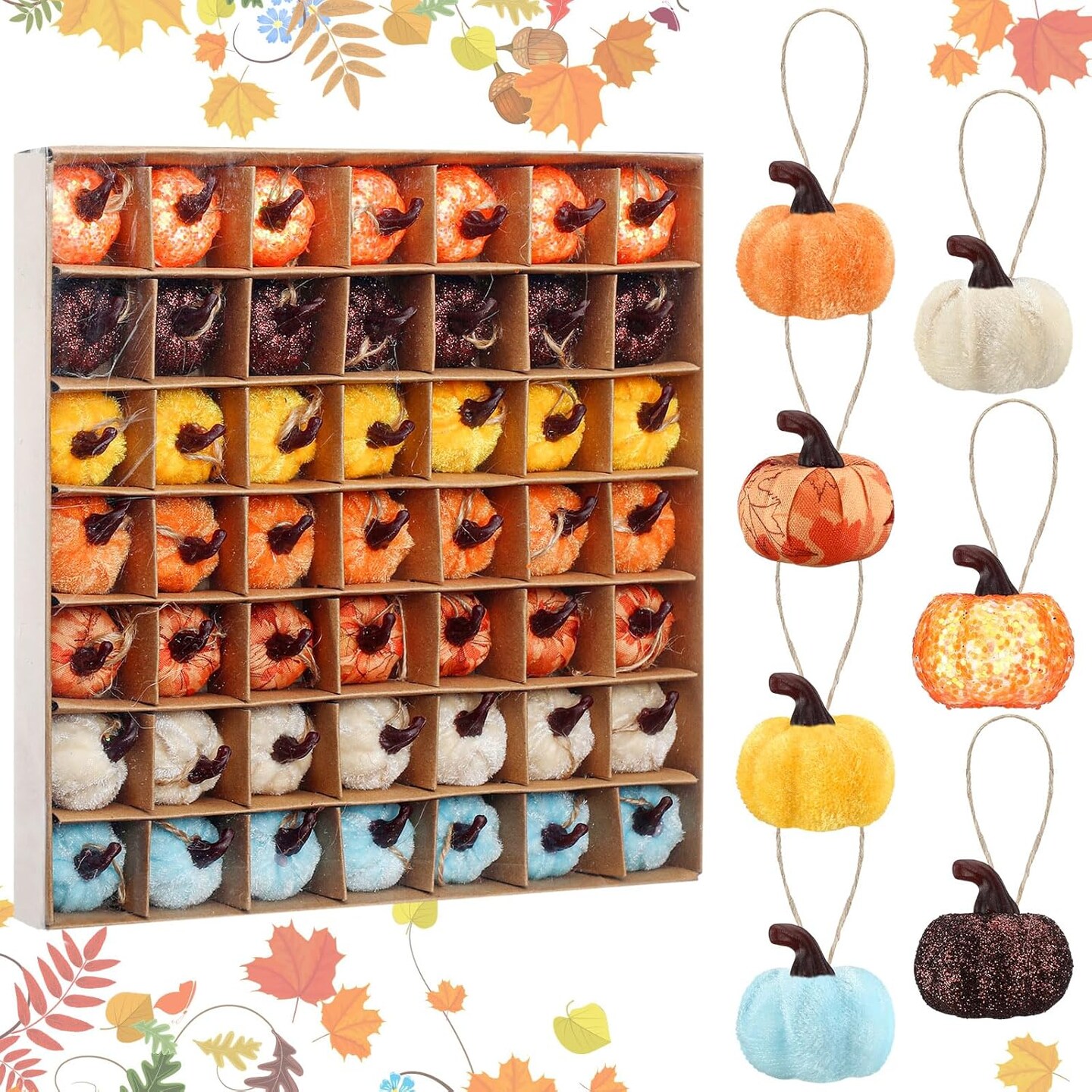 49 Pcs Fall Pumpkin Ornament Autumn Hanging Mini Pumpkin Shaped Tree Decorations Thanksgiving Fabric Harvest Pumpkin Ornament Ball for Party Farmhouse Halloween Christmas(Vibrant)