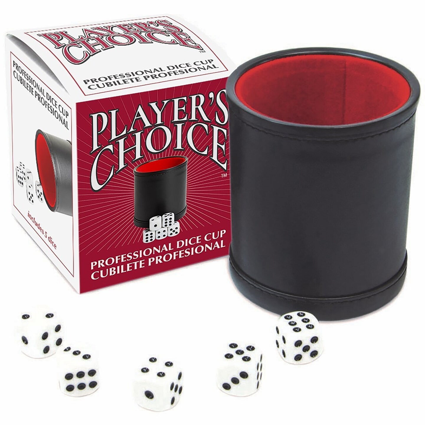 Player's Choice: Professional Dice Cup - PU Leather Cup w/ Five d6 Playing Dice, Black w/ Red Felt Liner, White Dice w/ Black Dot, Game Accessory