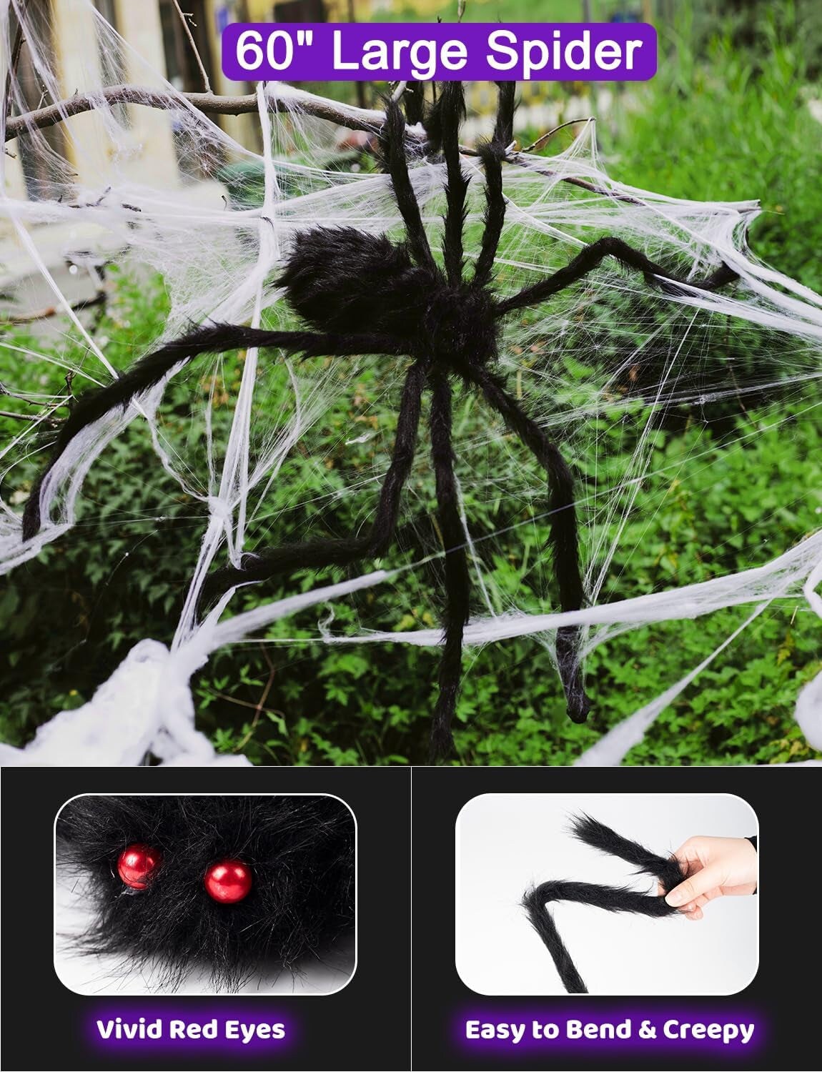 Spider Webs Halloween Decorations Lights - 250 Leds 16.4Ft Outdoor Battery Operated String Purple Halloween Lights with 8 Modes Remote Control Spiderweb,60&#x22; Large Spider,Waterproof (Purple)