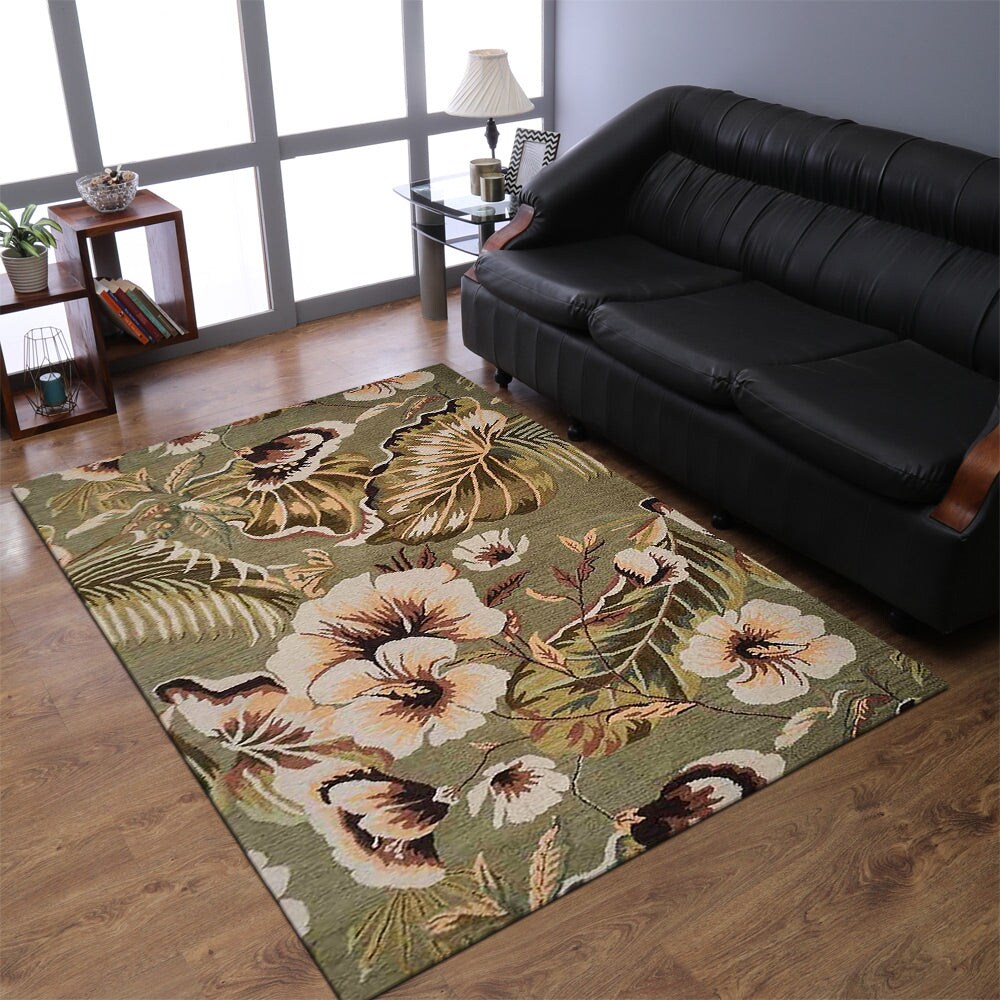 Hand Tufted Wool Area Rug Green Floral K00903 Soft High Pile Anti-Slip Backing