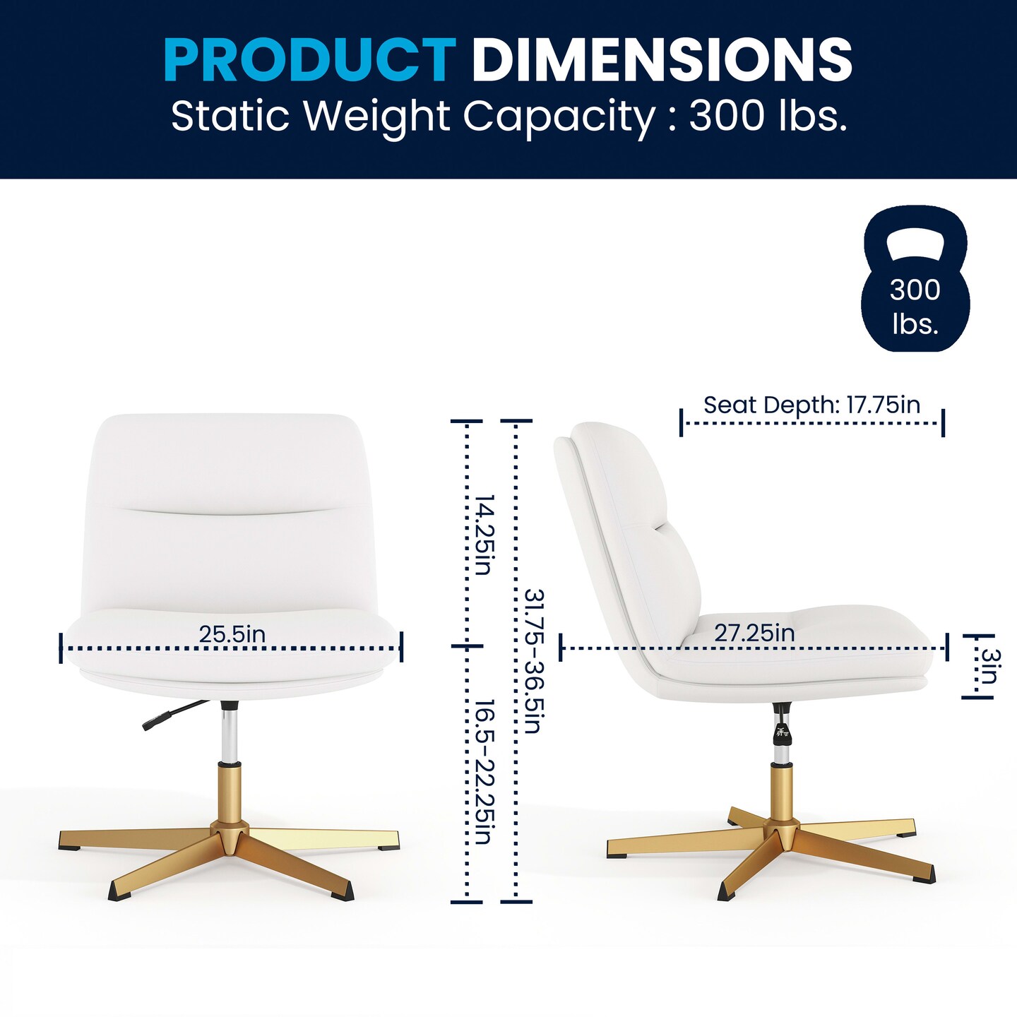 Merrick Lane Biel Mid-Back Height-Adjustable Stationary Armless Swivel Office Chair - Padded Upholstered Wide Back and Seat, Strong Frame