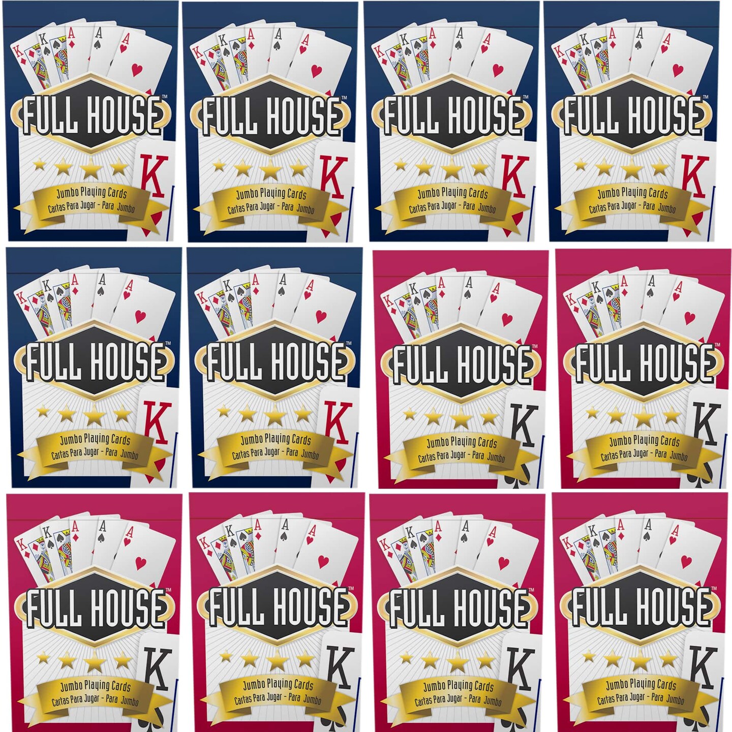 Full House: 12 Pack Jumbo Index Playing Cards - 6 Blue & 6 Red Decks