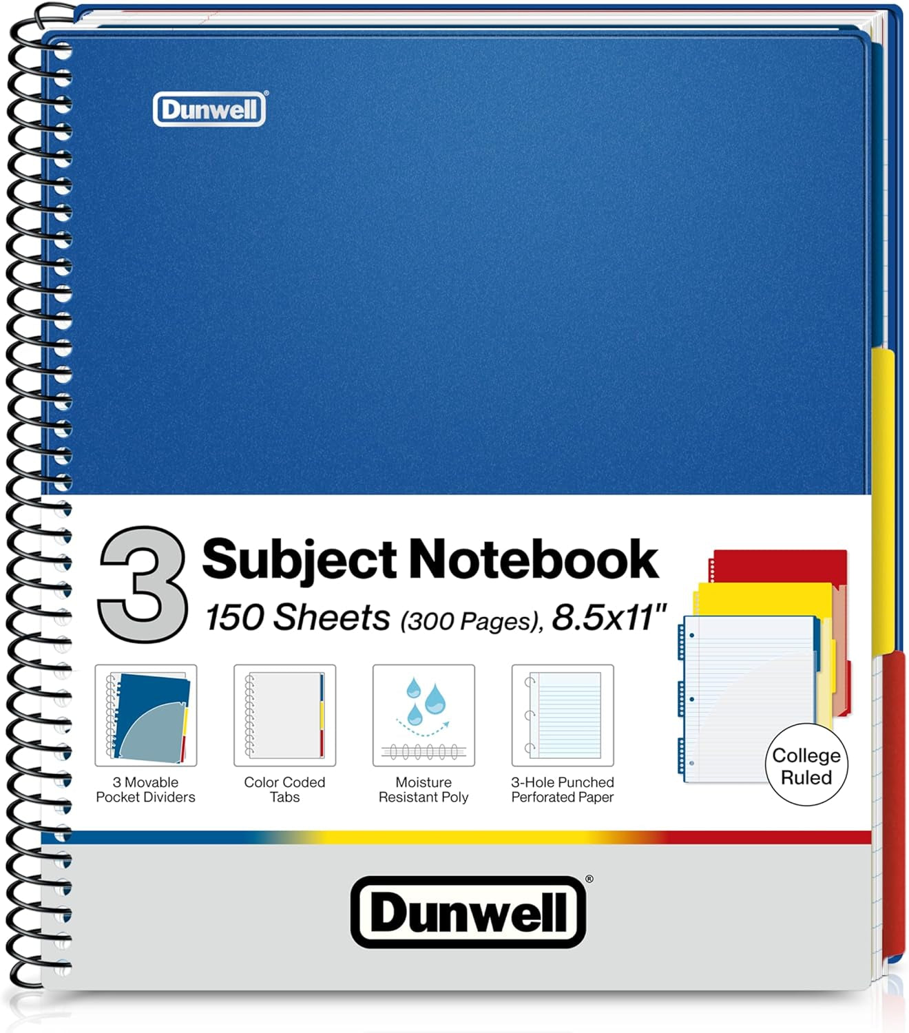 3-Subject Notebook College Ruled 8.5 X 11 (Blue) - 150 Sheets/300 Pages, Spiral Notebook 8.5X11 with Tabs, Movable Dividers, Pockets, Front/Back Plastic Covers, Multi Subject Notebook
