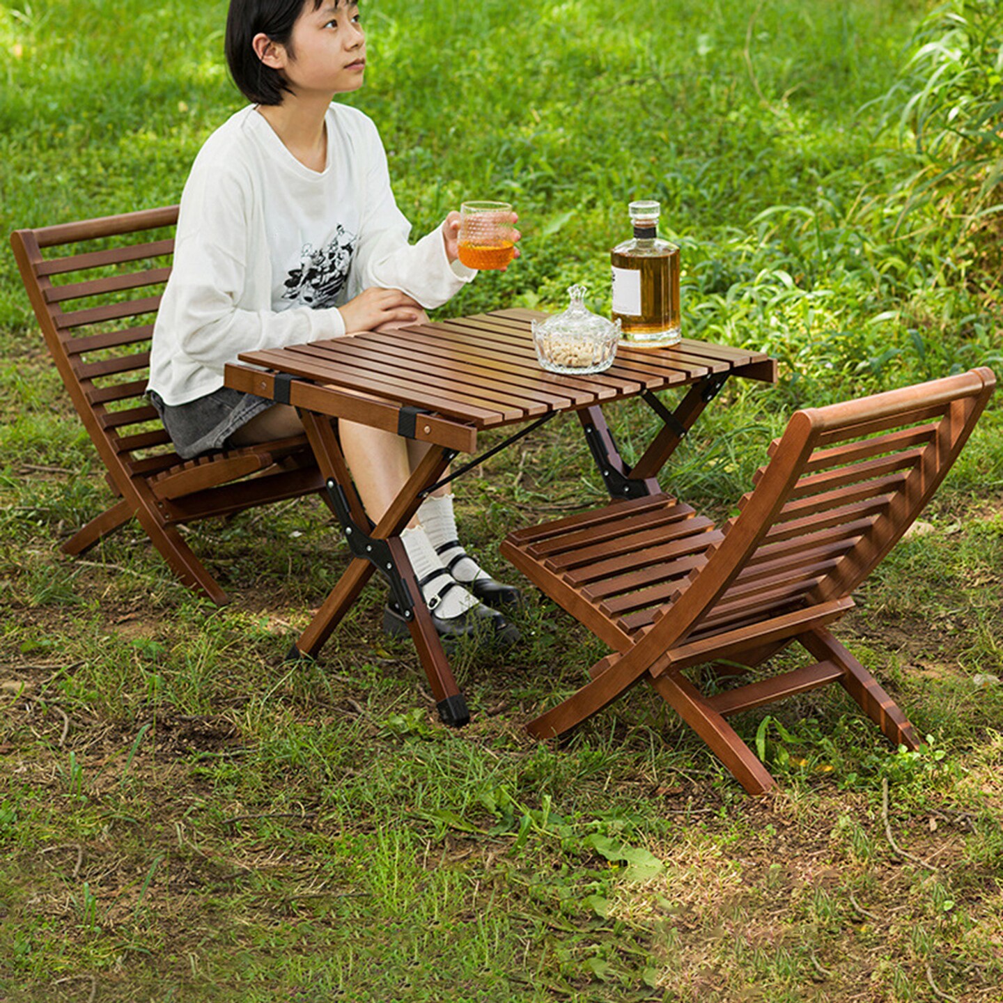 Outdoor Folding Moon Chair Ergonomic Heavy Duty Bamboo Lightweight Portable Camping Picnic Backpacking Hiking Beach