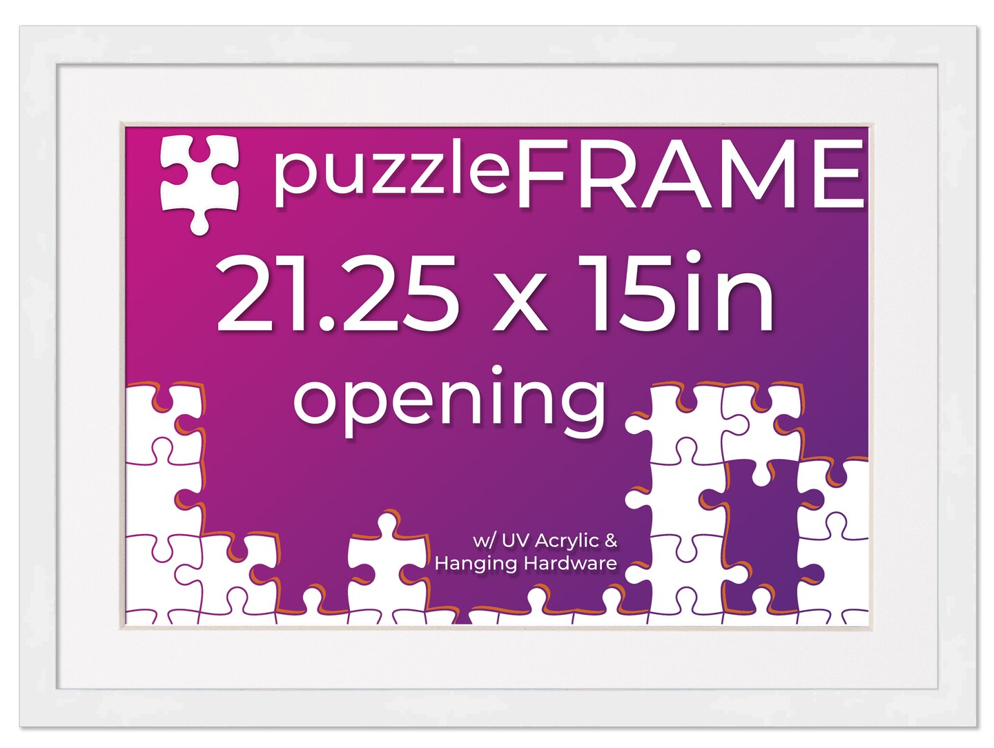 White Wood Puzzle Frame Kit with Glue Sheets, White Mat, Backing, UV Acrylic - Available in 20 Popular Sizes