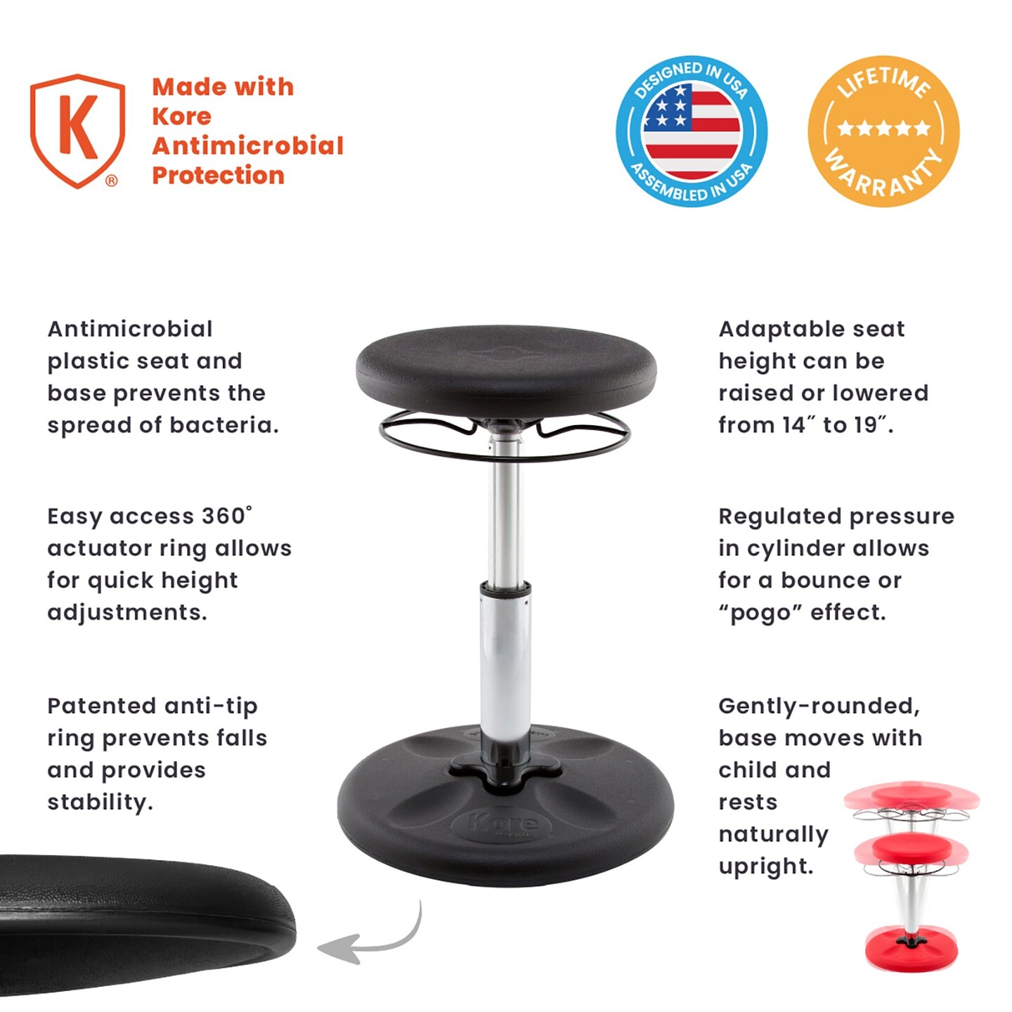 Kids Adjustable Standard Wobble Chair 14-19&#x22;, Black