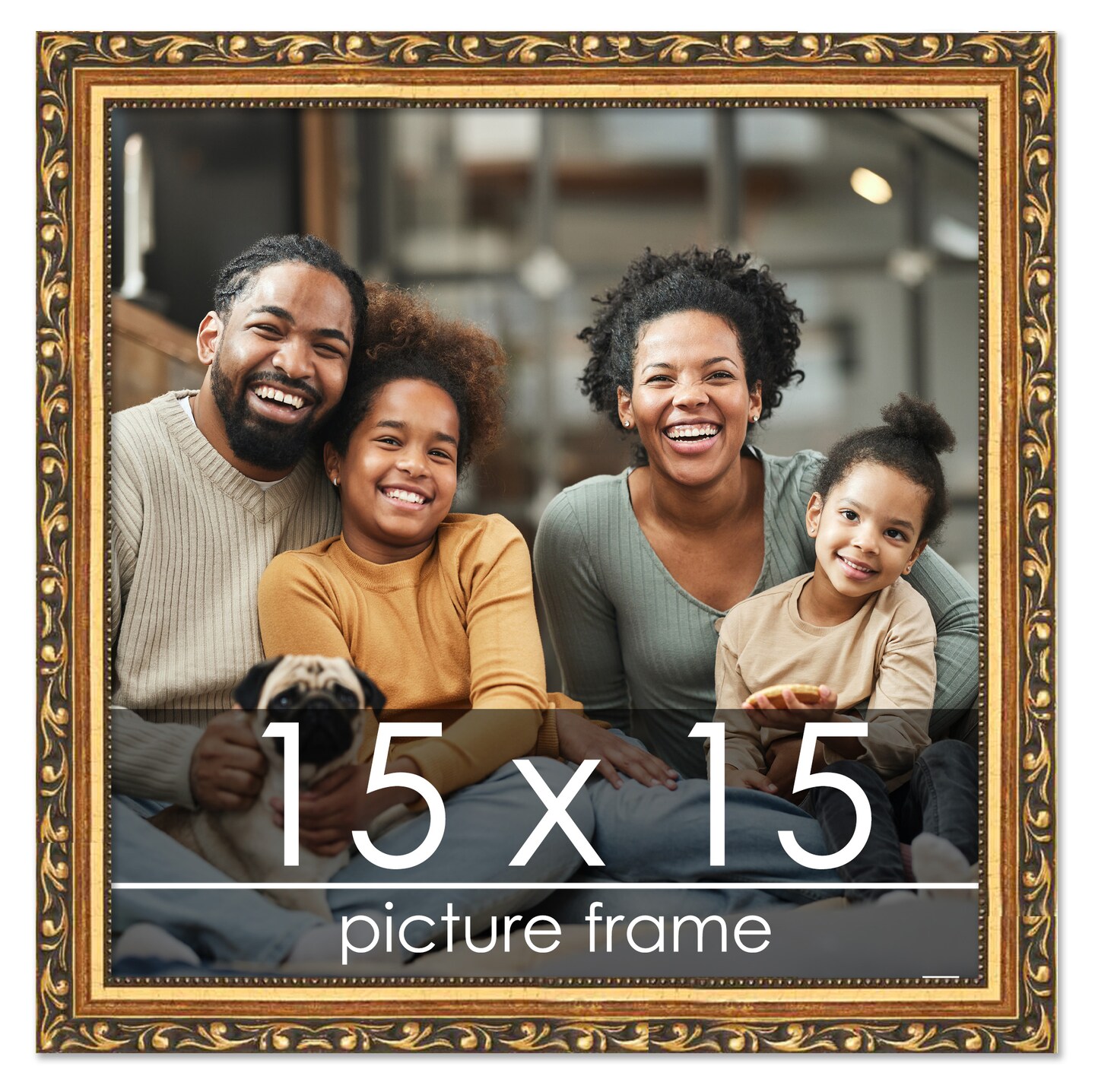 15x15 Solid Wood Antique Picture Frame with UV-Resistant Acrylic & Acid-Free Backing, Available in 4 Finishes: Bronze, Gold, Silver, and Gold with Black