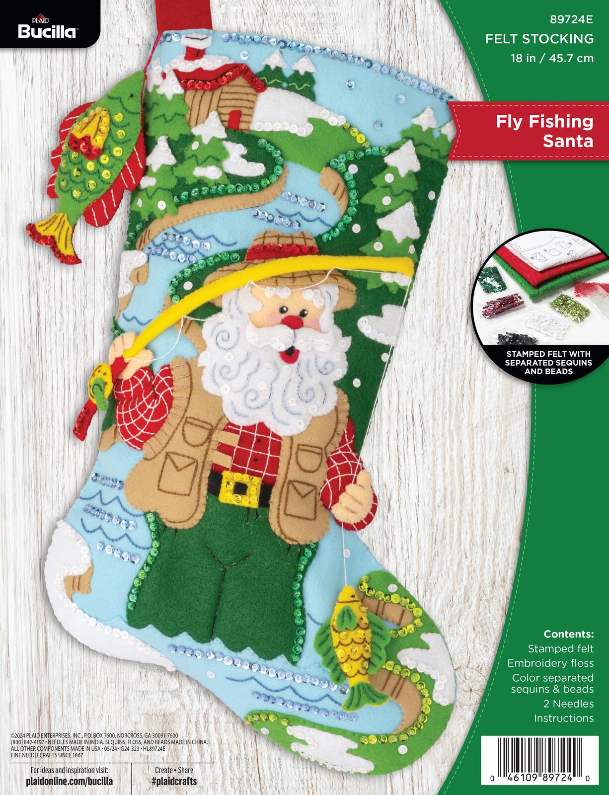 Bucilla Fishing Santa Felt Applique authentic Christmas Stocking Craft Kit #83658 NEW 1997