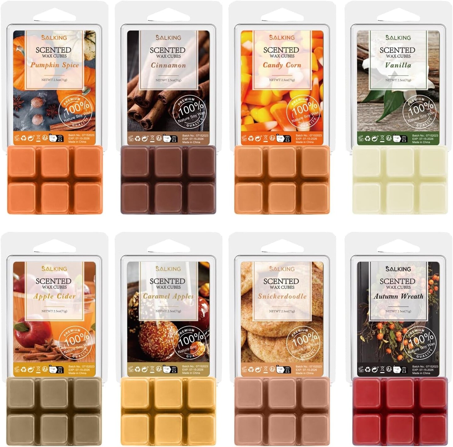 Autumn Scented Wax Melts, Fall Soy Wax Melts Gift Set, Wax Cubes/Tarts for Warmer - Pumpkin Spice, Caramel Apples, Candy Corn, Vanilla, Apple Cider, Cinnamon, Snickerdoodle, Autumn Wreath, 8X2.6 Oz