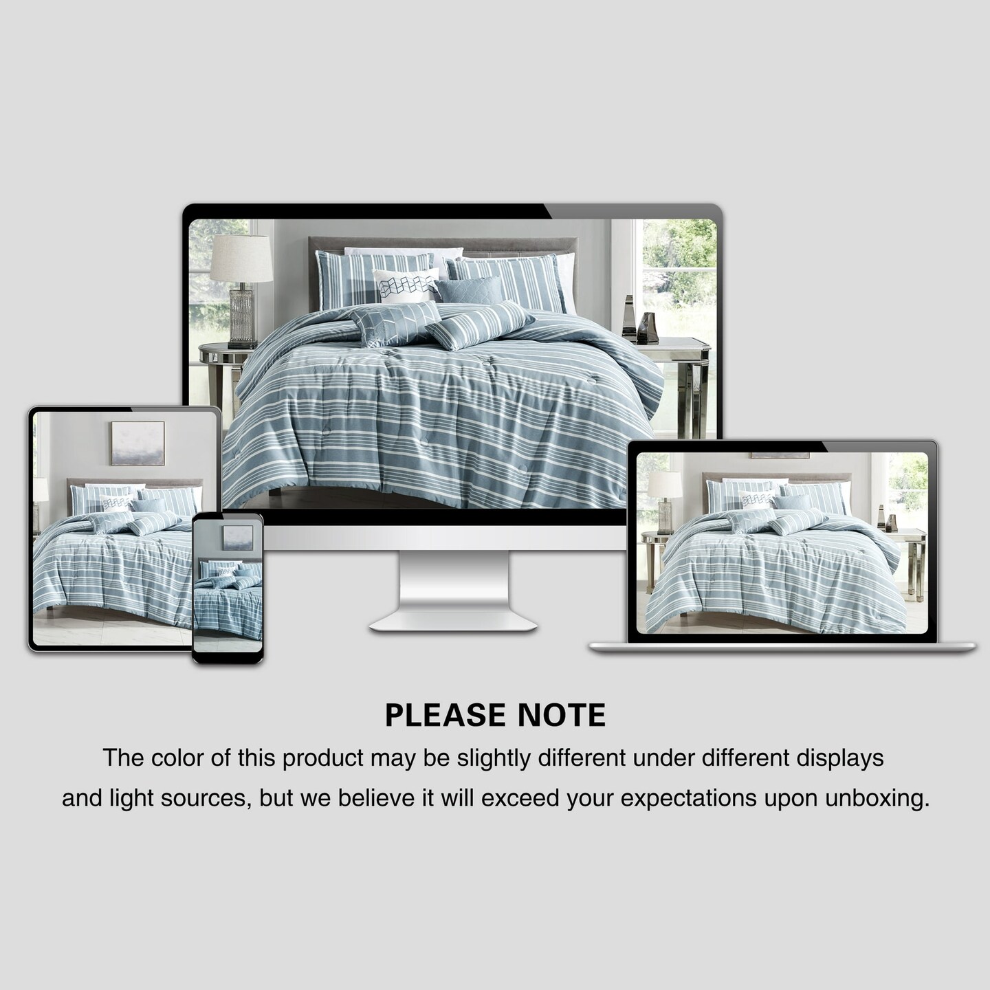 7 Piece Blue Queen Comforter Set with Damask Pattern