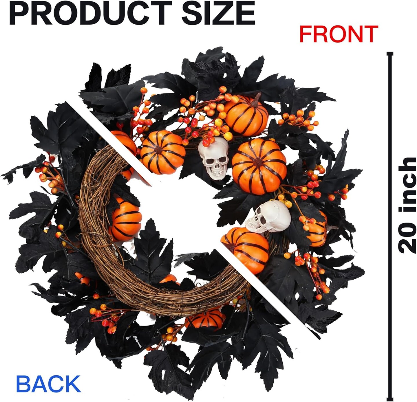 Halloween Wreath with Artificial Pumpkin Handmade Black Maple Leave Skull Pumpkin Orange Berries 20&#x27;&#x27;Front Door Decorations for Indoor Outdoor Home Halloween Festival Decoration