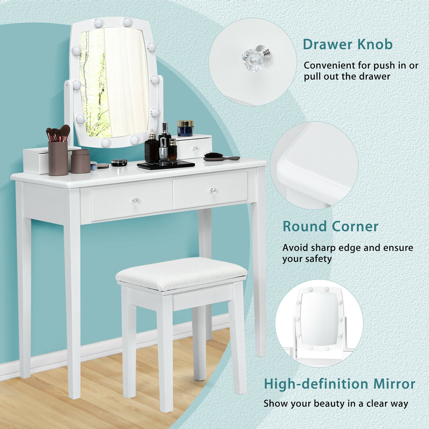 Costway Vanity Table Set with Lighted Mirror Adjustable 10 Bulbs Dresser 4 Drawer