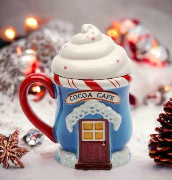 Ceramic Christmas Santa&#x27;s Village Covered Mug, Home D&#xE9;cor, Gift for Her, Gift for Mom, Kitchen D&#xE9;cor, Christmas D&#xE9;cor