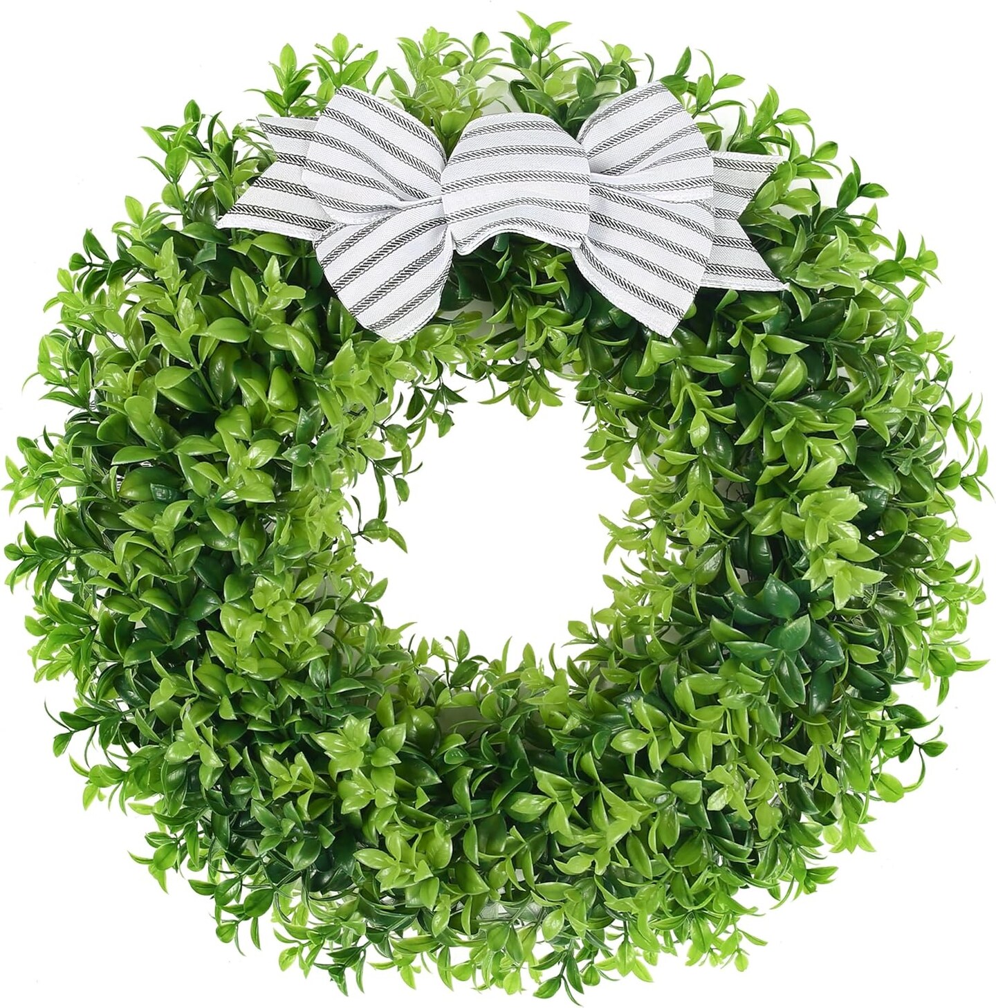 18&#x22; Faux Round Boxwood Wreath, Artificial Boxwood Wreath Front Door Wreaths Artificial Spring Summer Greenery Hanging with A Plaid Bow and sash for Front Door Wall Hanging Window Wedding Decor