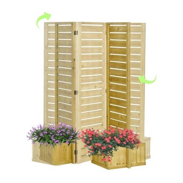 Brown Fir Wood 3-Panel Privacy Screen with 4 Built-in Planters
