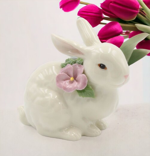 Ceramic Bunny Rabbit with Pink Pansy Flower Figurine, Home D&#xE9;cor, Gift for Her, Gift for Mom, Kitchen D&#xE9;cor, Spring D&#xE9;cor, Easter D&#xE9;cor