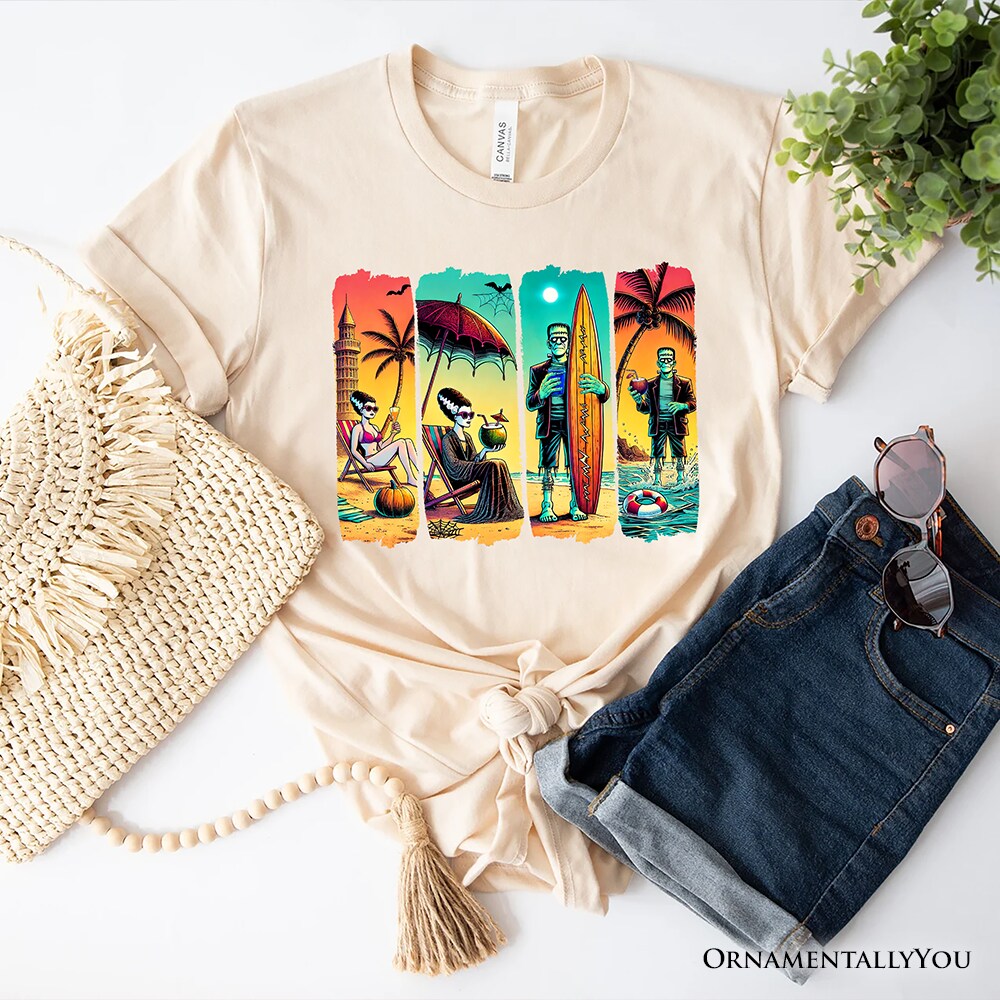 Frankenstein's Beach Vacation T-Shirt, Retro Neon Surf Style Tee for Horror Fans with Summer Vibes