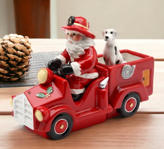 Ceramic Santa On A Firetruck Salt and Pepper Shakers with Box (Set Of 3), Home Décor, Gift for Firefighter, Christmas Décor