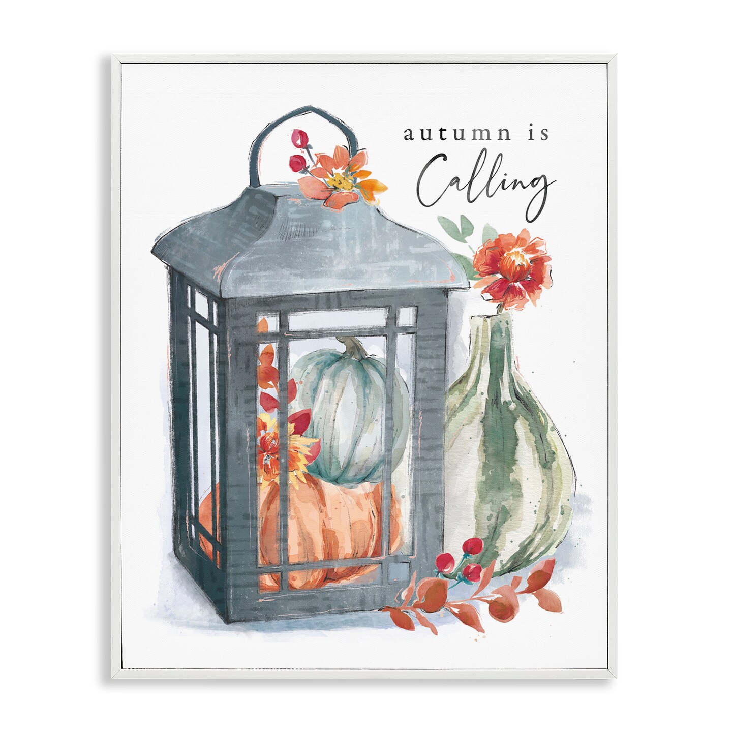 Autumn Is Calling Varied Gourds Floral Arrangement Watercolor Framed Giclee Art