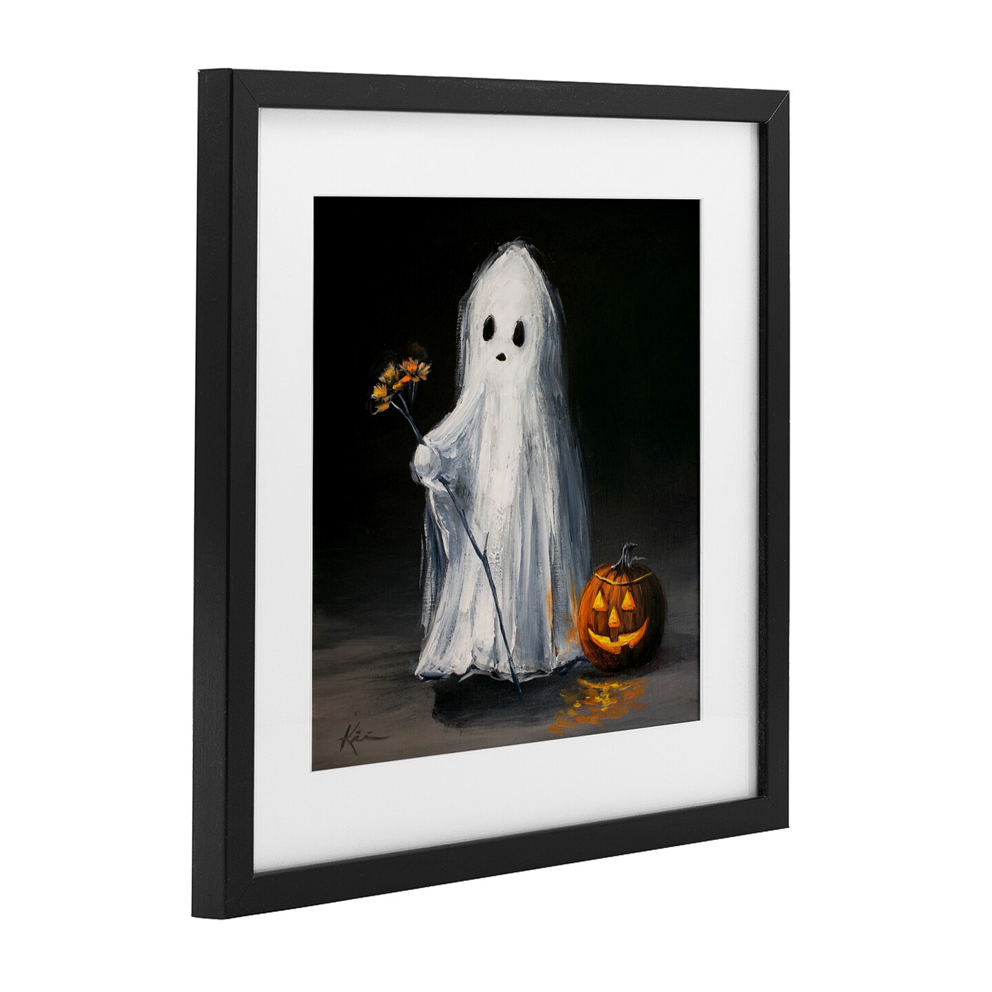 Vintage Halloween Ghost & Pumpkin Framed Print Under Glass Art