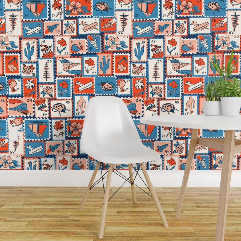 Peel &#x26; Stick Wallpaper 2FT Wide Vintage Retro Novelty Mail Stamps Letters Postage Eclectic Stamp Collection Red And Blue Writing Flowers Train Plane Birds Boats Unique Custom Removable Wallpaper by Spoonflower