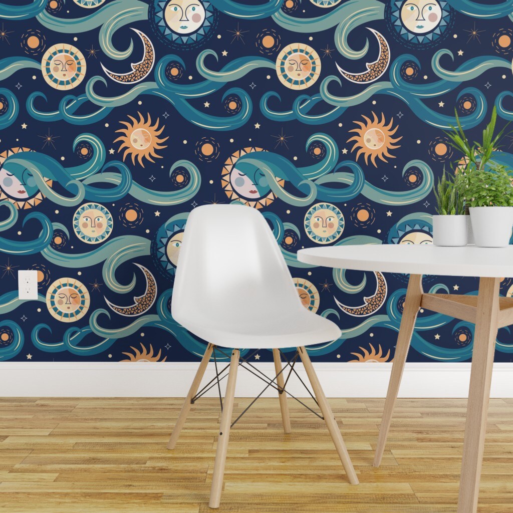 Pre-Pasted Wallpaper 2FT Wide Abstract Whimsical Celestial Sun Moon Mystical Stars Clouds Night Sky Blue Yellow Eclectic 90S Modern Folk Art Novelty Bohemian Custom Pre-pasted Wallpaper by Spoonflower