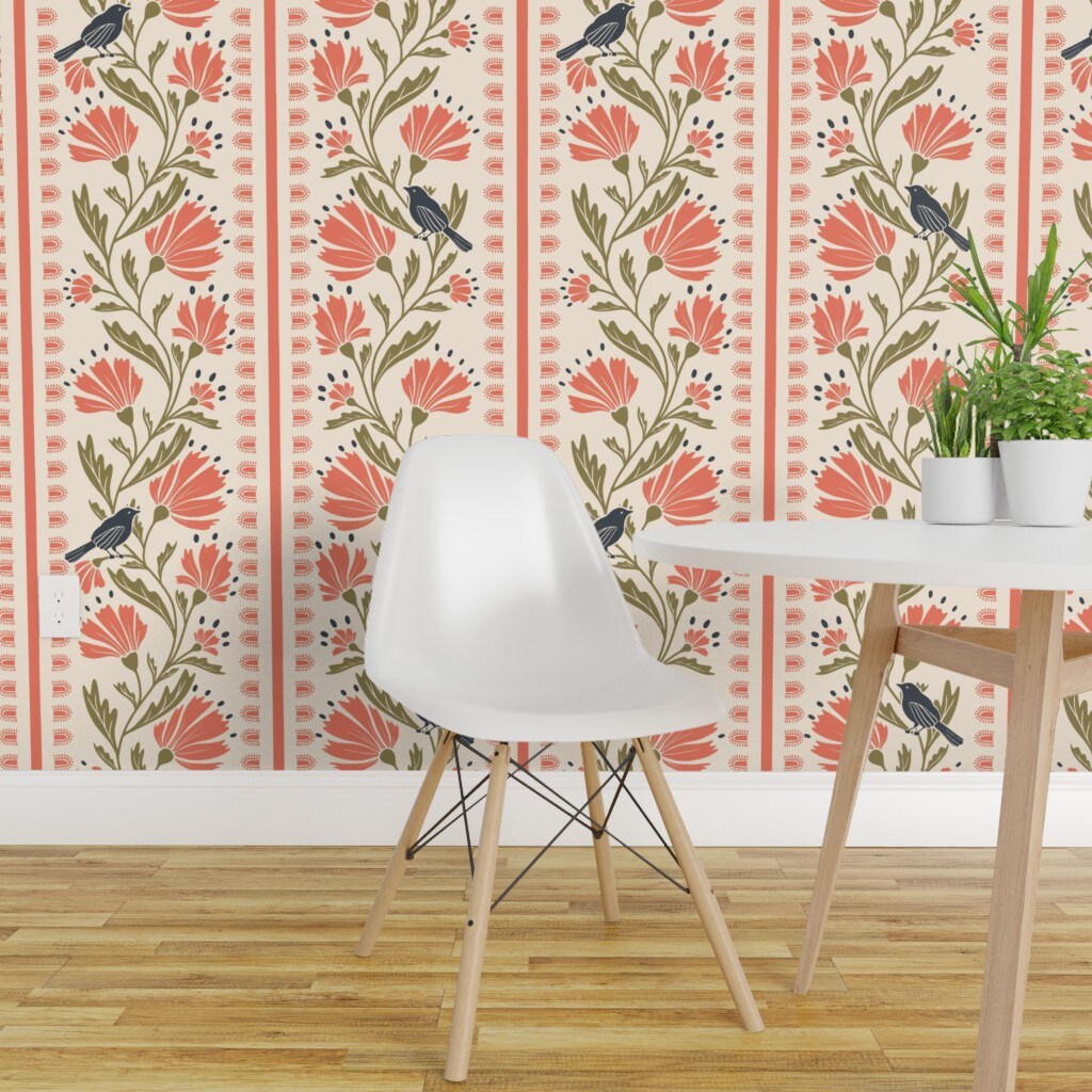 Peel &#x26; Stick Wallpaper 2FT Wide Floral Birds Stripe Cottage Vine Custom Removable Wallpaper by Spoonflower