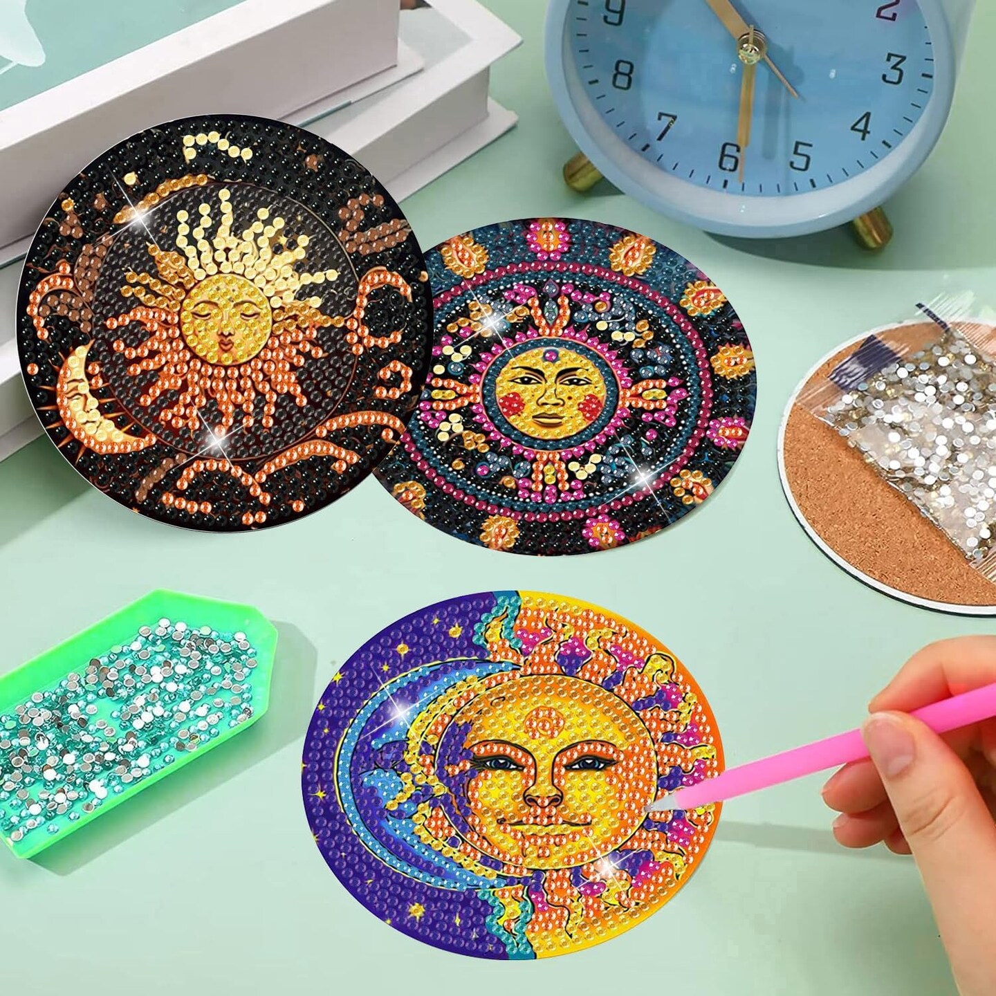 8 Pcs Diamond Art Coasters Kit for Adults - Sun and Moon Painting Set With Holder Cork Pads - DIY Dots Painting Crafts for Beginners