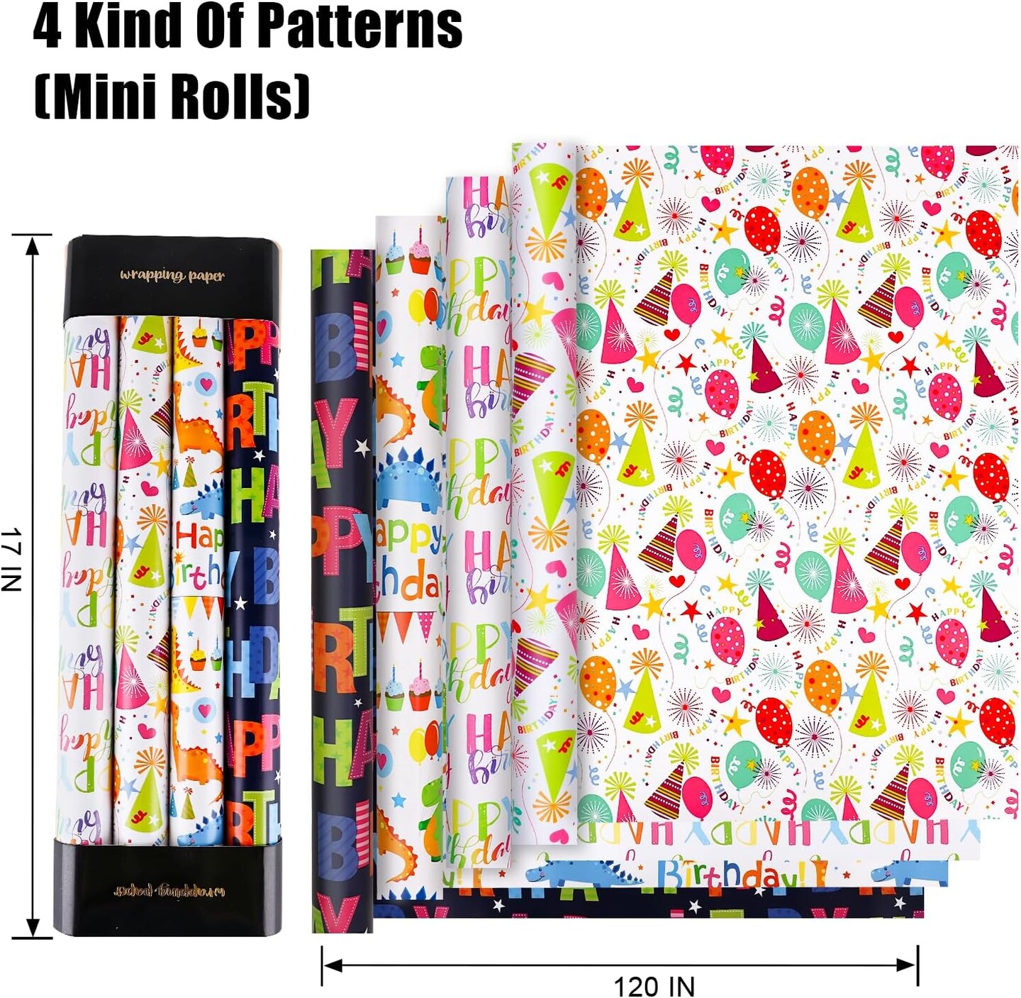 Birthday Wrapping Paper,Birthday Gift Wrapping Paper,Wrapping Paper Roll,Mini Roll-4 Roll-17 inch X 120